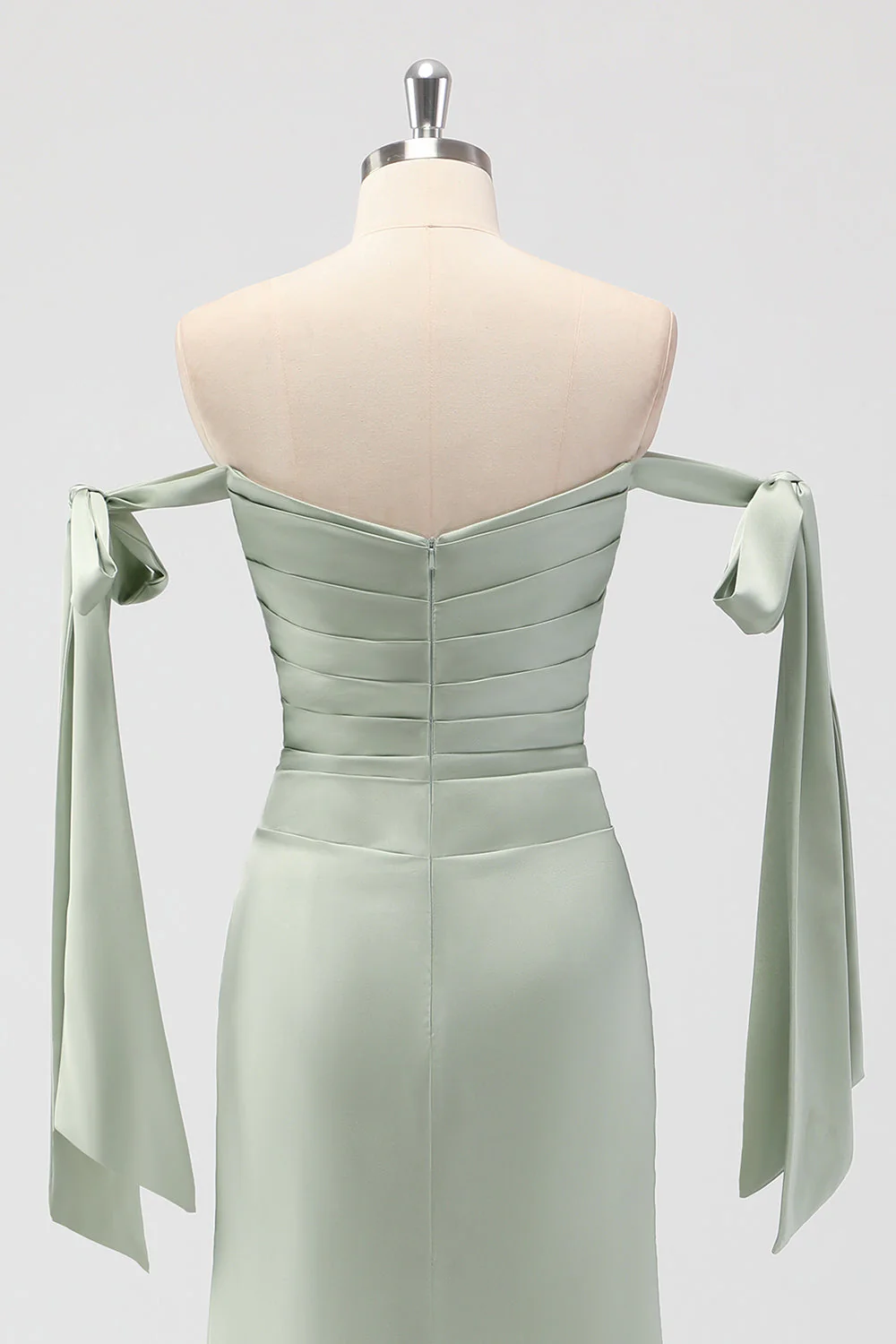 Sage Green Off The Shoulder Mermaid Ruched Long Bridesmaid Dress - Image 5