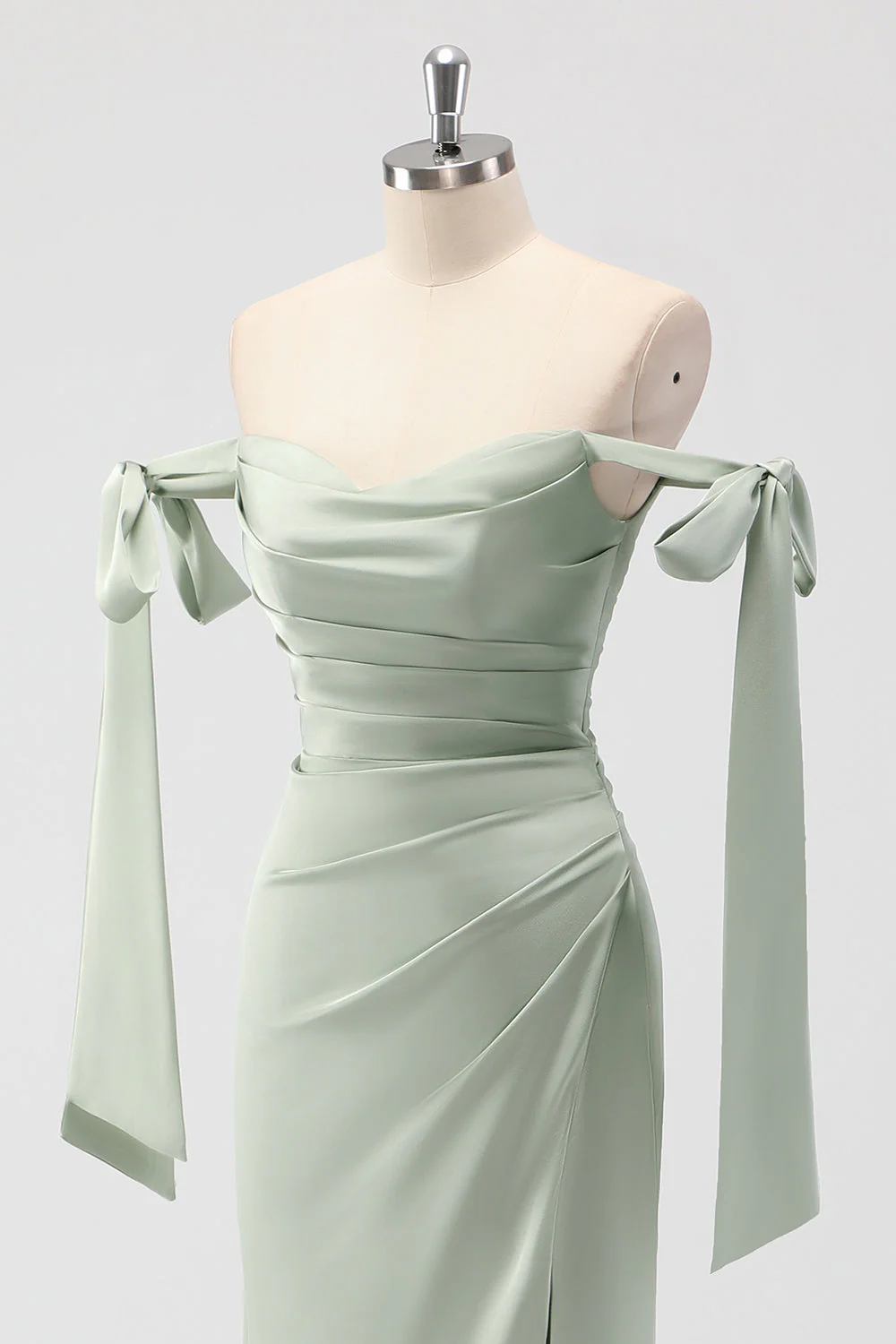 Sage Green Off The Shoulder Mermaid Ruched Long Bridesmaid Dress - Image 6
