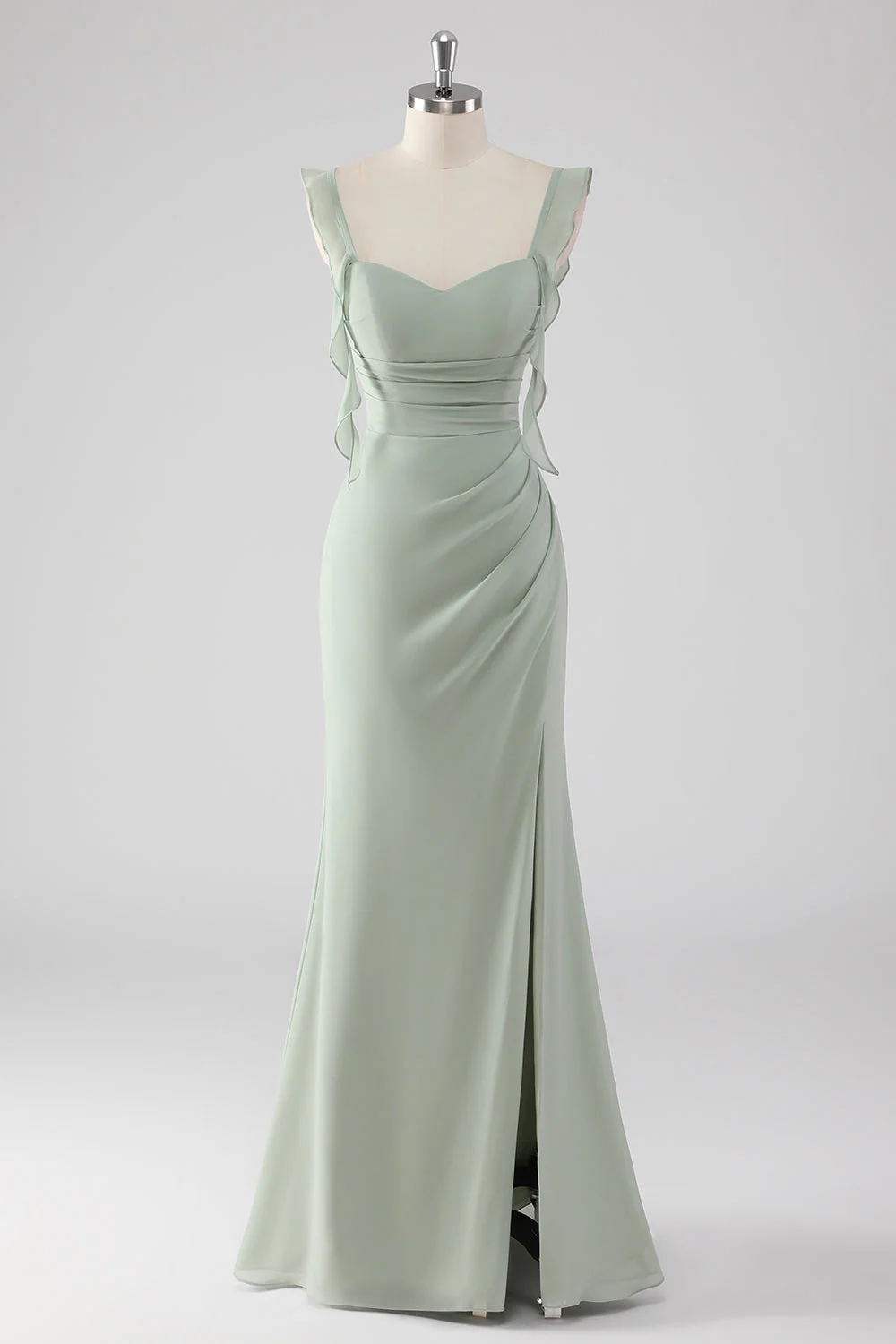 Sage Green Ruffled Sheath Lace-Up Back Long Bridesmaid Dress with Slit