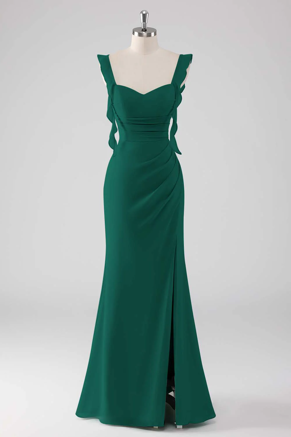 Sage Green Ruffled Sheath Lace-Up Back Long Bridesmaid Dress with Slit - Image 10