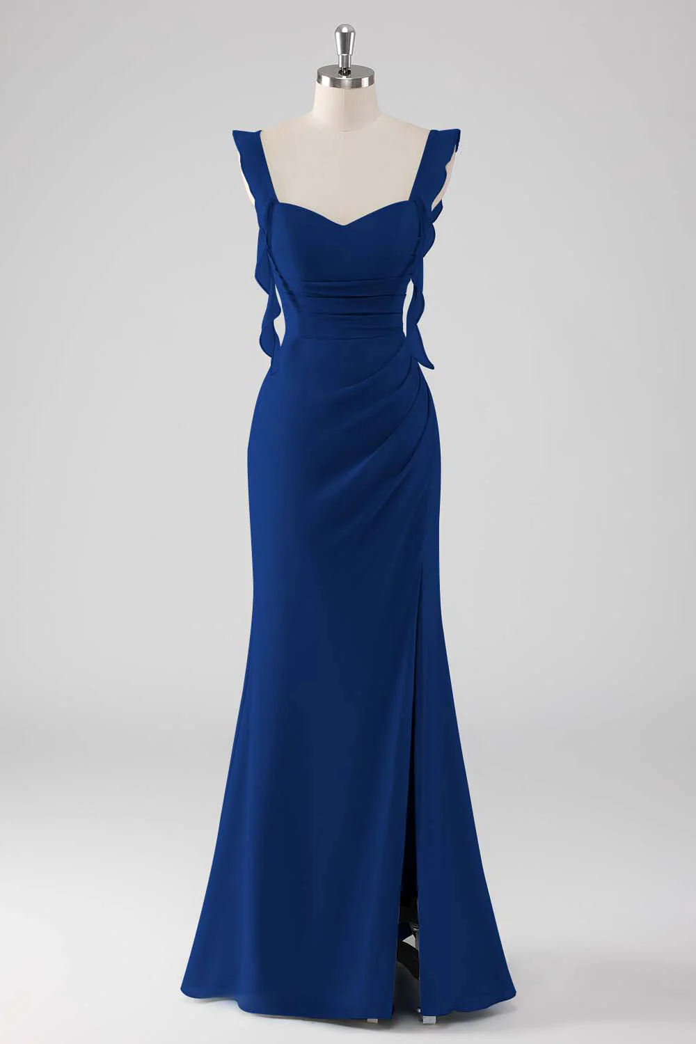 Sage Green Ruffled Sheath Lace-Up Back Long Bridesmaid Dress with Slit - Image 11