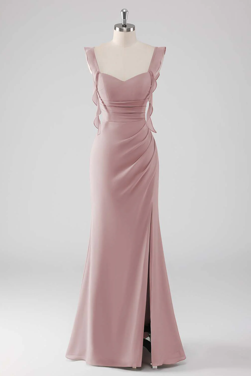 Sage Green Ruffled Sheath Lace-Up Back Long Bridesmaid Dress with Slit - Image 12
