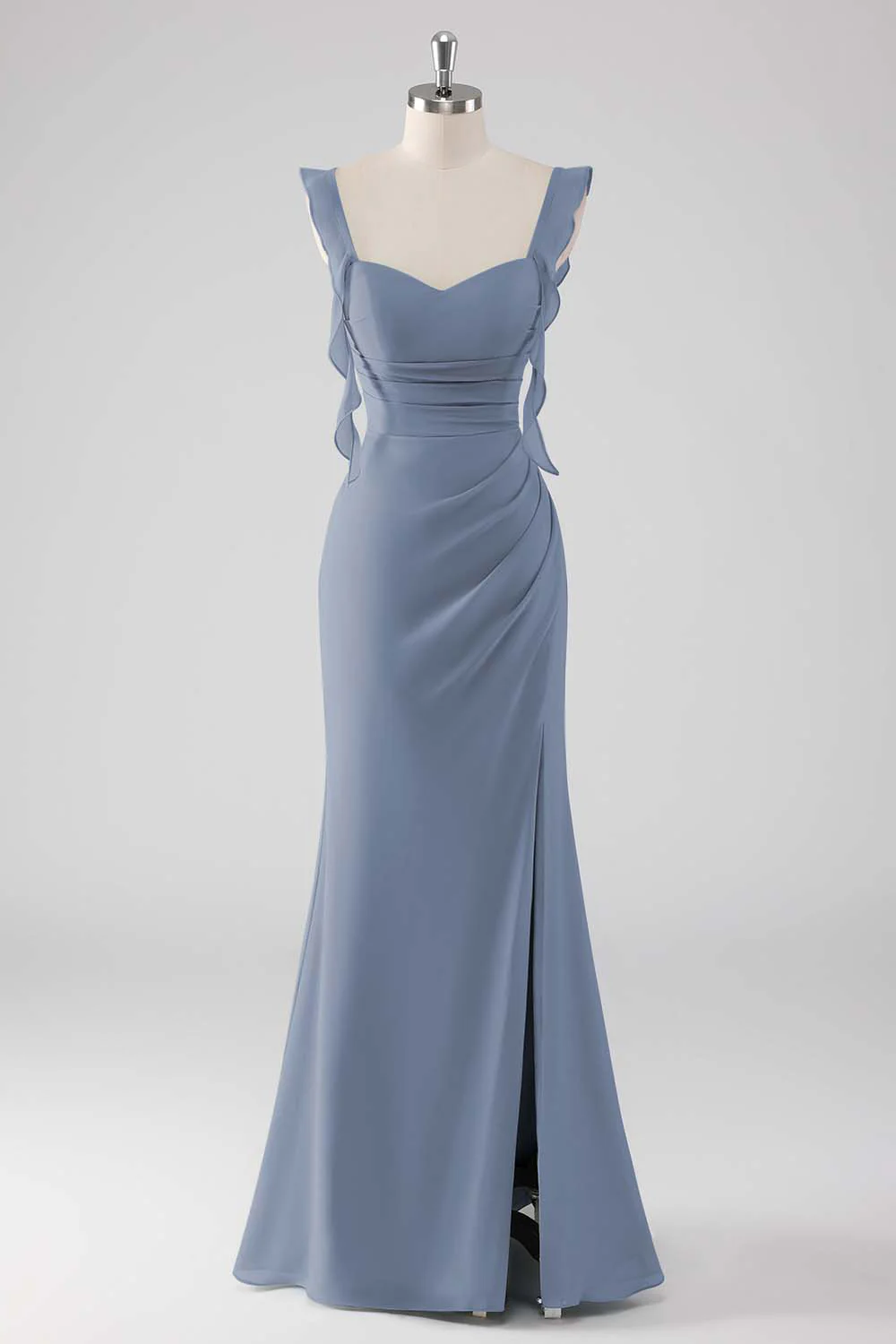 Sage Green Ruffled Sheath Lace-Up Back Long Bridesmaid Dress with Slit - Image 13