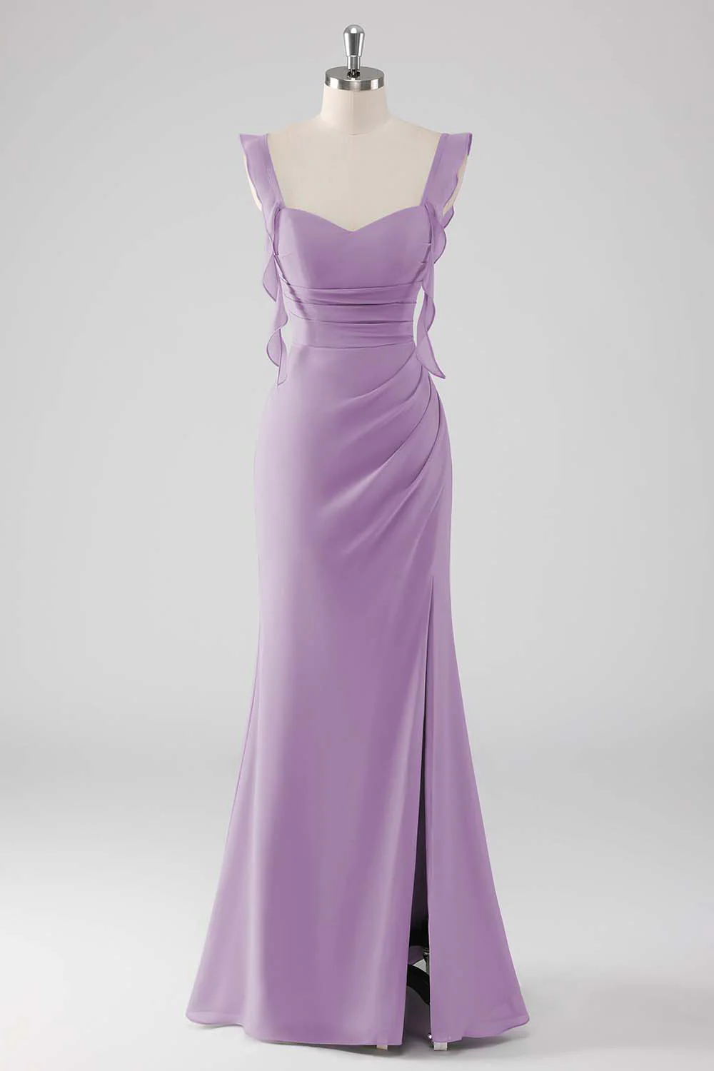 Sage Green Ruffled Sheath Lace-Up Back Long Bridesmaid Dress with Slit - Image 14