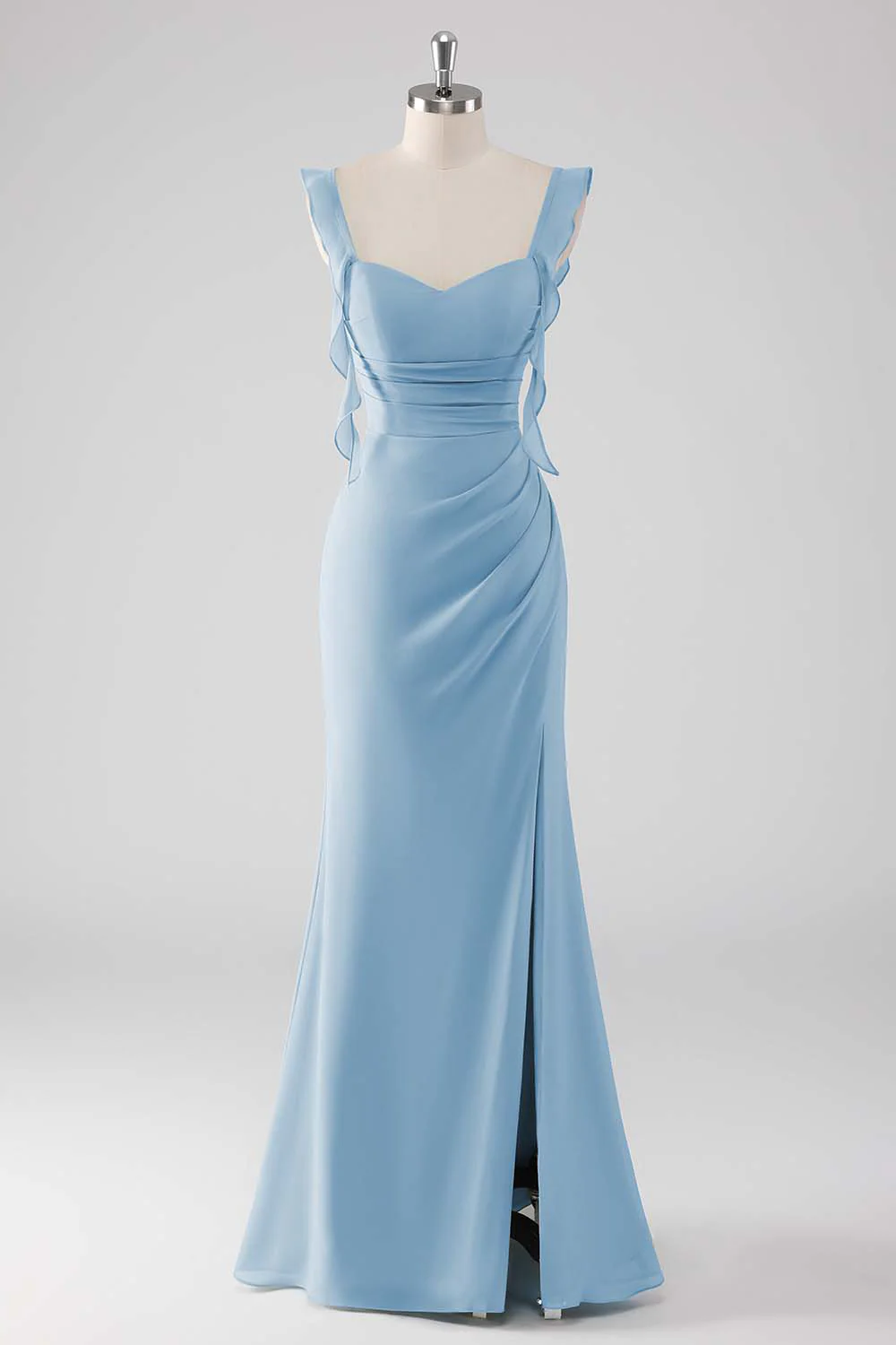 Sage Green Ruffled Sheath Lace-Up Back Long Bridesmaid Dress with Slit - Image 15