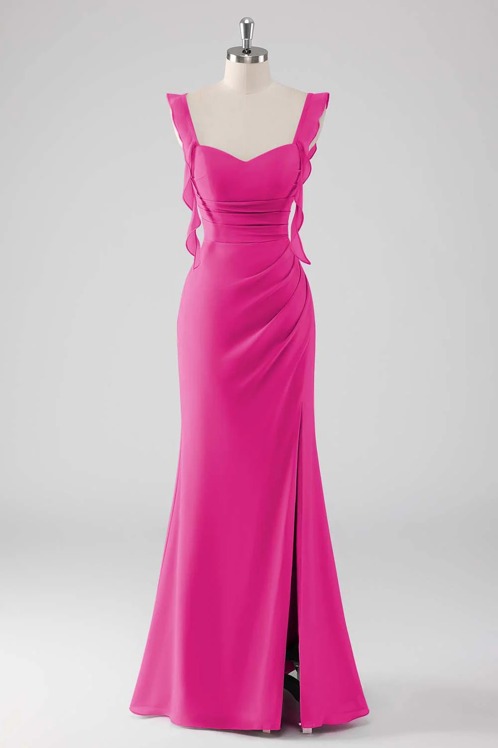 Sage Green Ruffled Sheath Lace-Up Back Long Bridesmaid Dress with Slit - Image 16