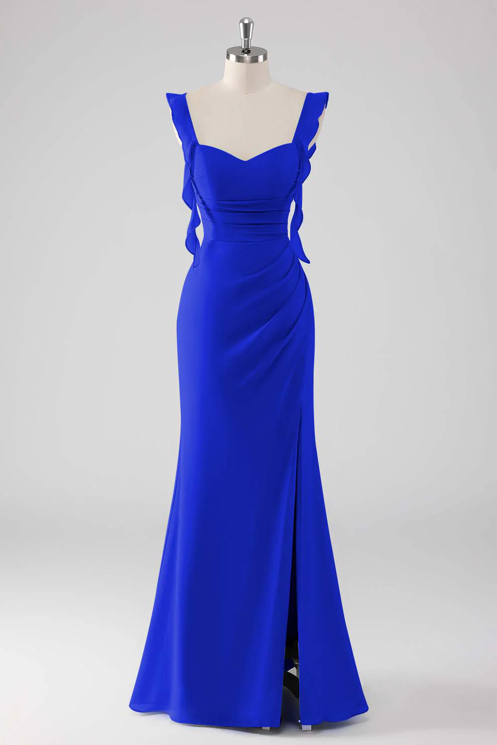Sage Green Ruffled Sheath Lace-Up Back Long Bridesmaid Dress with Slit - Image 17