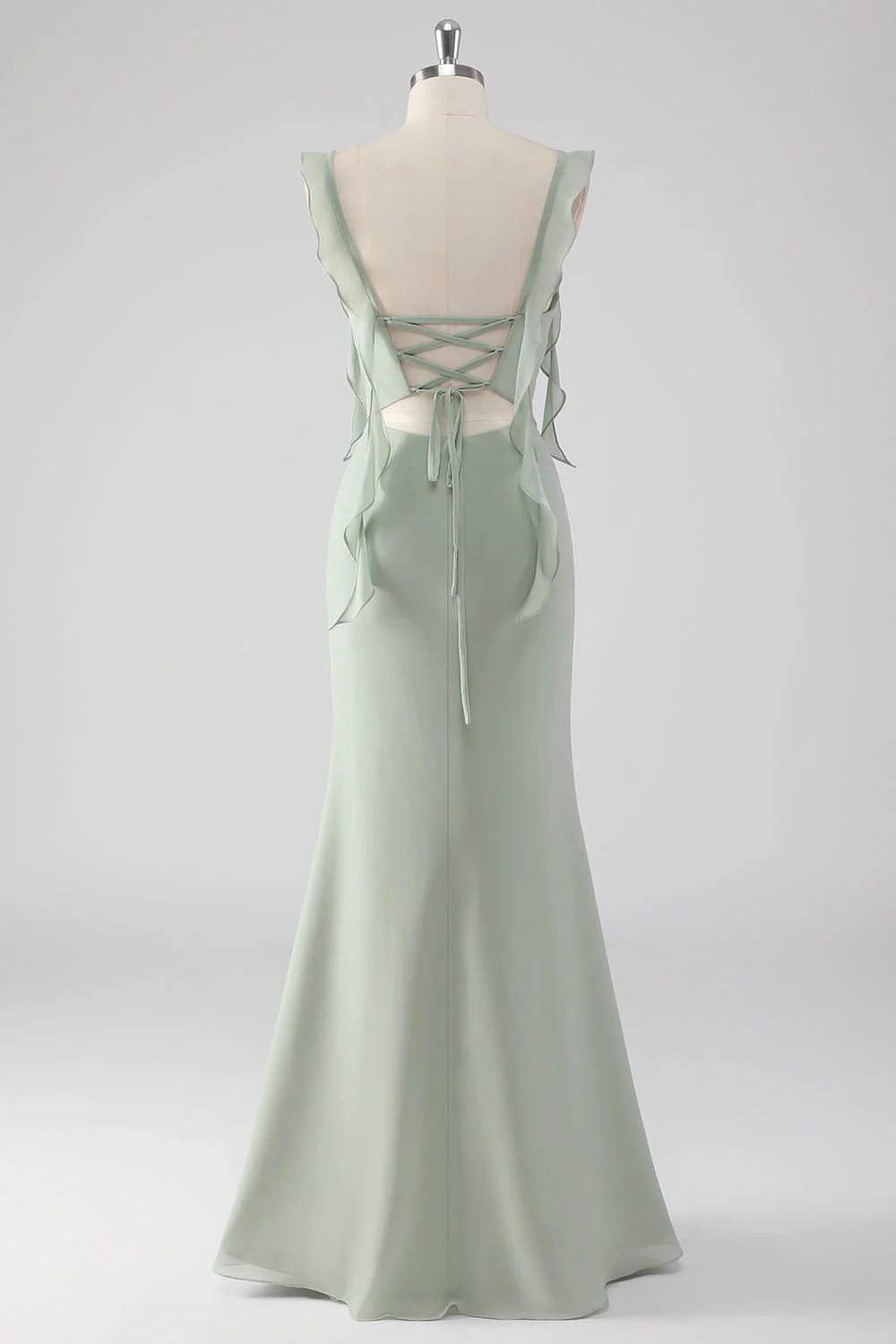 Sage Green Ruffled Sheath Lace-Up Back Long Bridesmaid Dress with Slit - Image 2