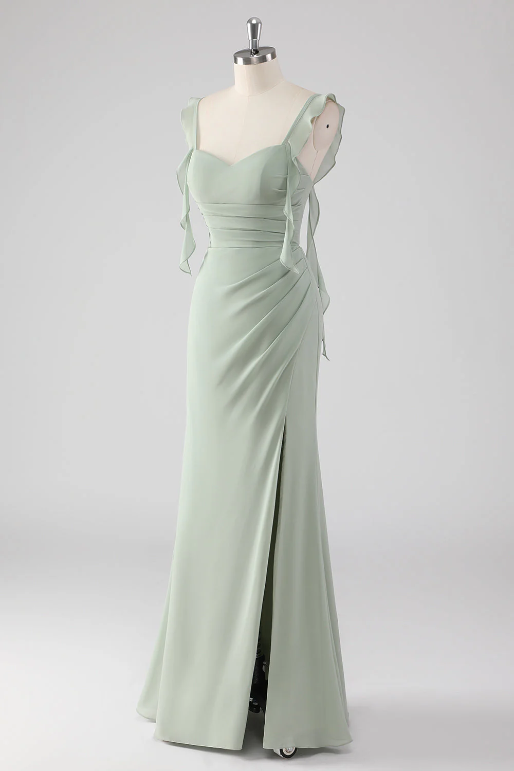 Sage Green Ruffled Sheath Lace-Up Back Long Bridesmaid Dress with Slit - Image 3