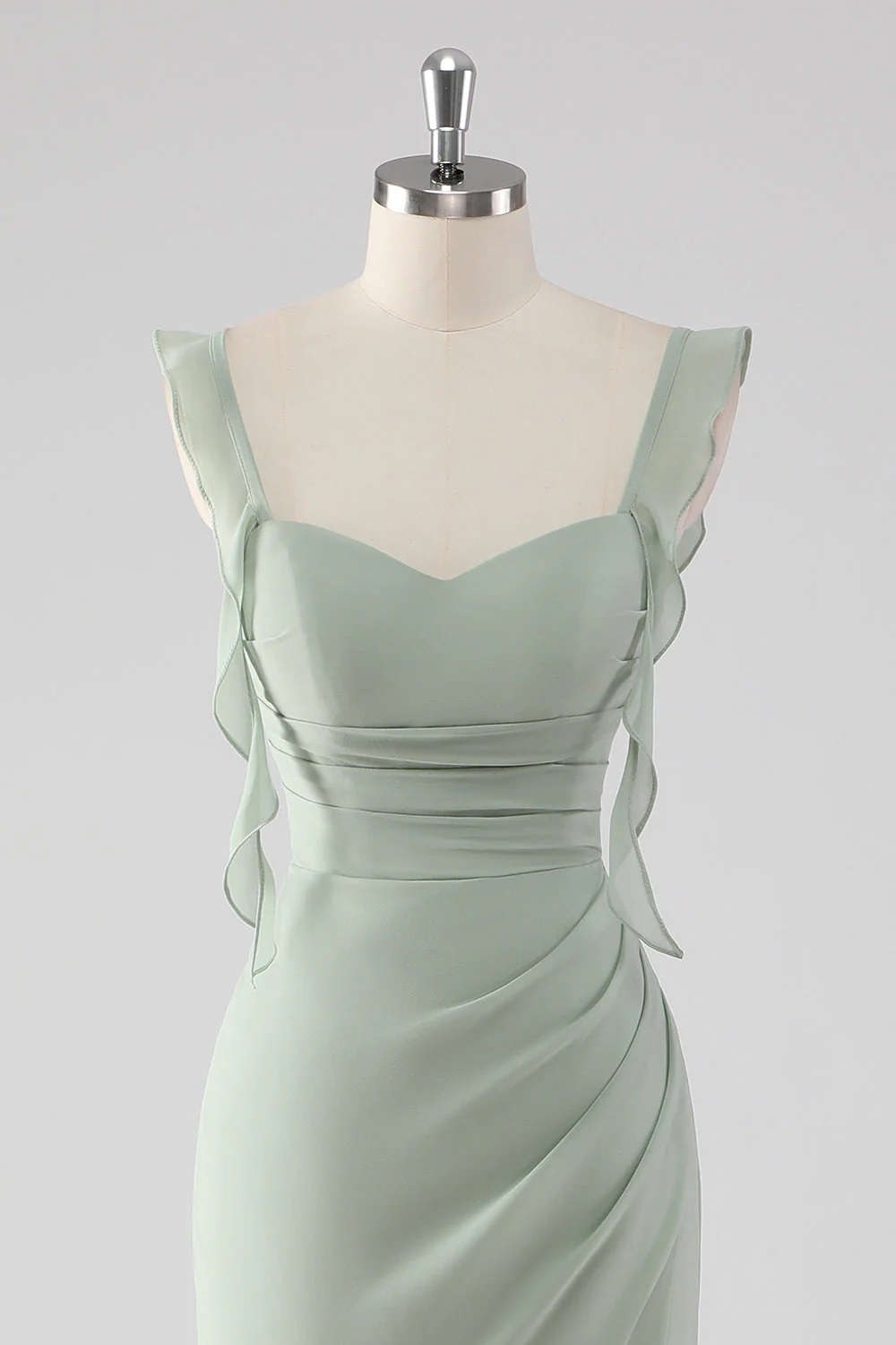 Sage Green Ruffled Sheath Lace-Up Back Long Bridesmaid Dress with Slit - Image 4