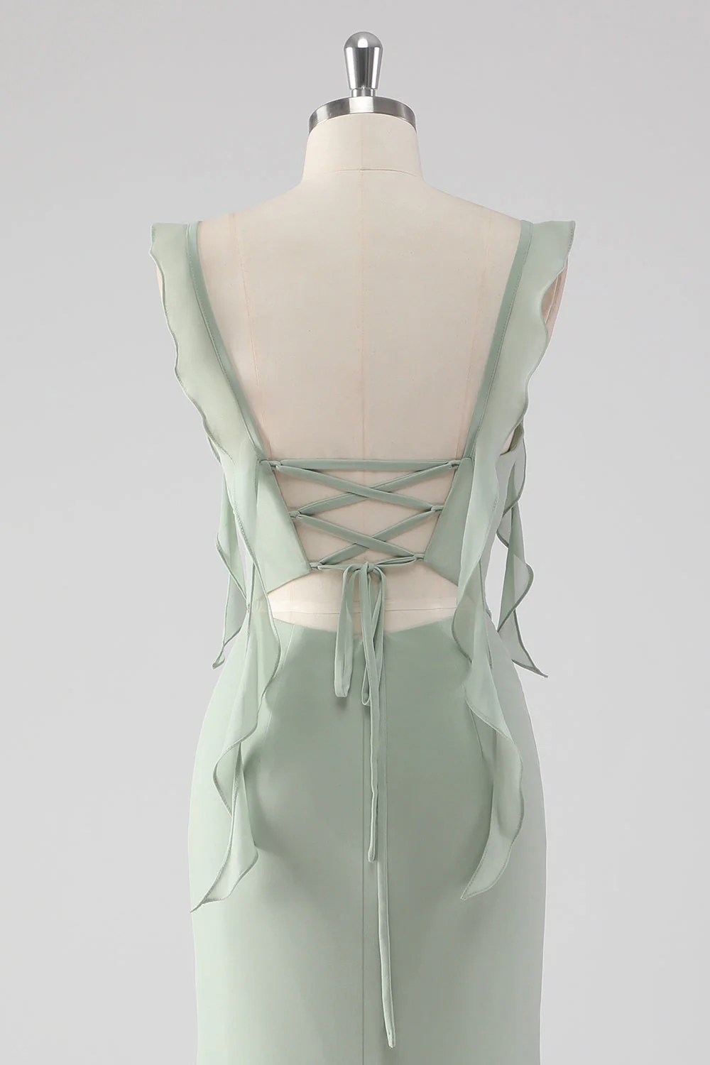 Sage Green Ruffled Sheath Lace-Up Back Long Bridesmaid Dress with Slit - Image 5