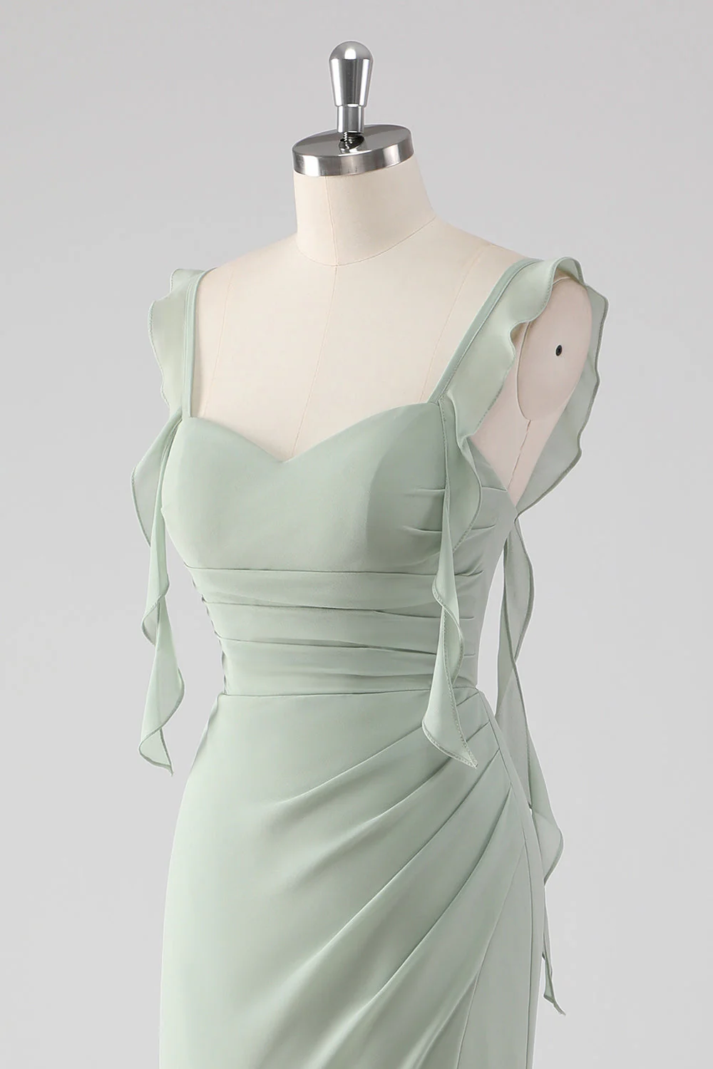 Sage Green Ruffled Sheath Lace-Up Back Long Bridesmaid Dress with Slit - Image 6