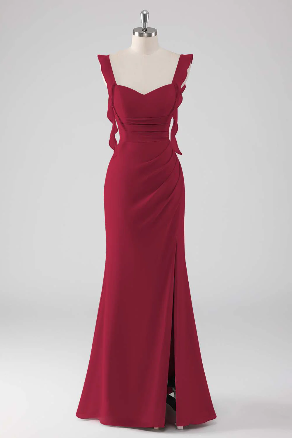 Sage Green Ruffled Sheath Lace-Up Back Long Bridesmaid Dress with Slit - Image 8