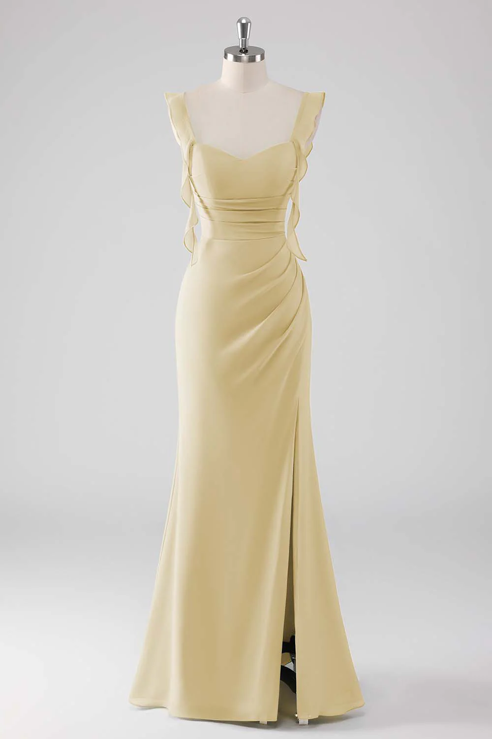 Sage Green Ruffled Sheath Lace-Up Back Long Bridesmaid Dress with Slit - Image 9