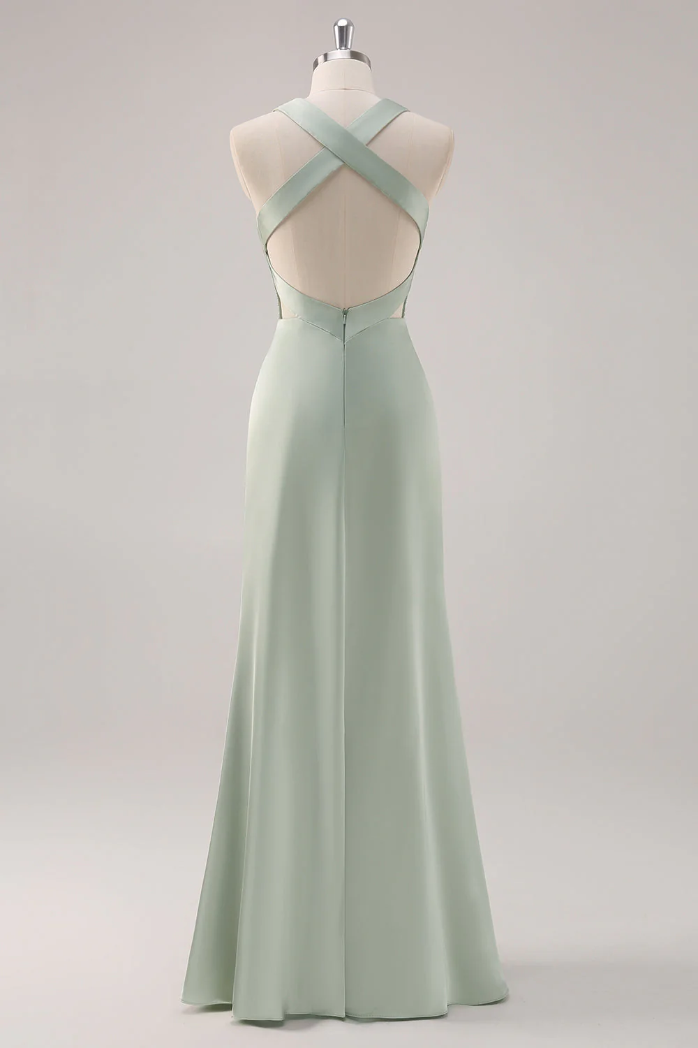 Sage Green Satin Deep V-Neck Backless Long Bridesmaid Dress - Image 2