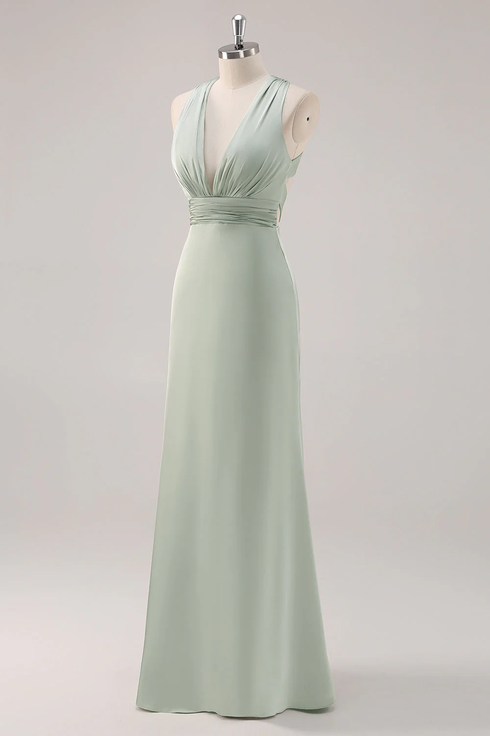 Sage Green Satin Deep V-Neck Backless Long Bridesmaid Dress - Image 3