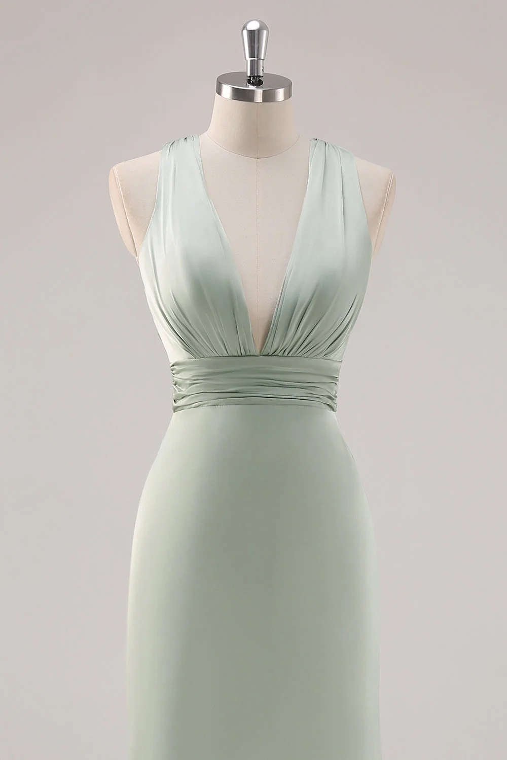 Sage Green Satin Deep V-Neck Backless Long Bridesmaid Dress - Image 4