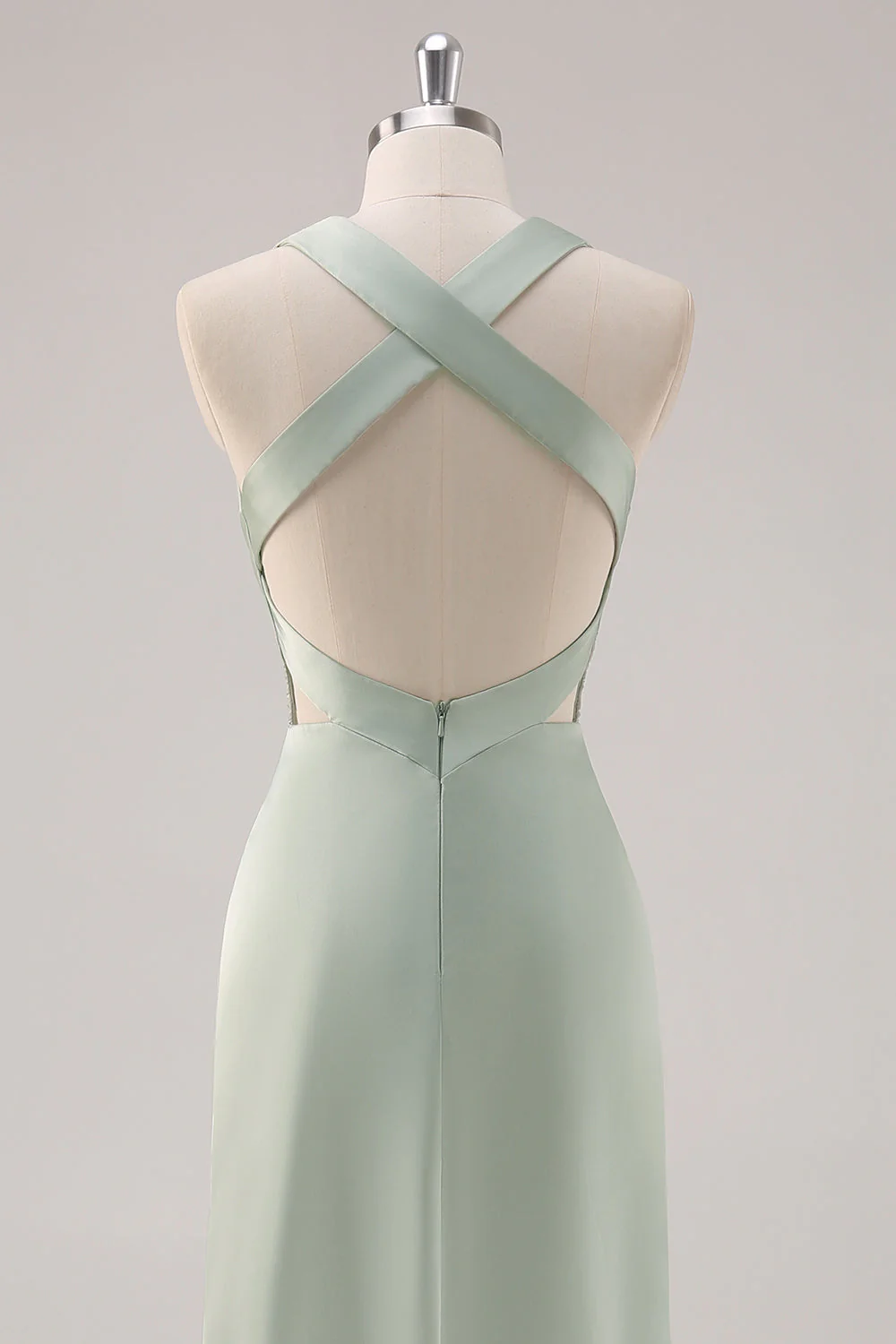 Sage Green Satin Deep V-Neck Backless Long Bridesmaid Dress - Image 5