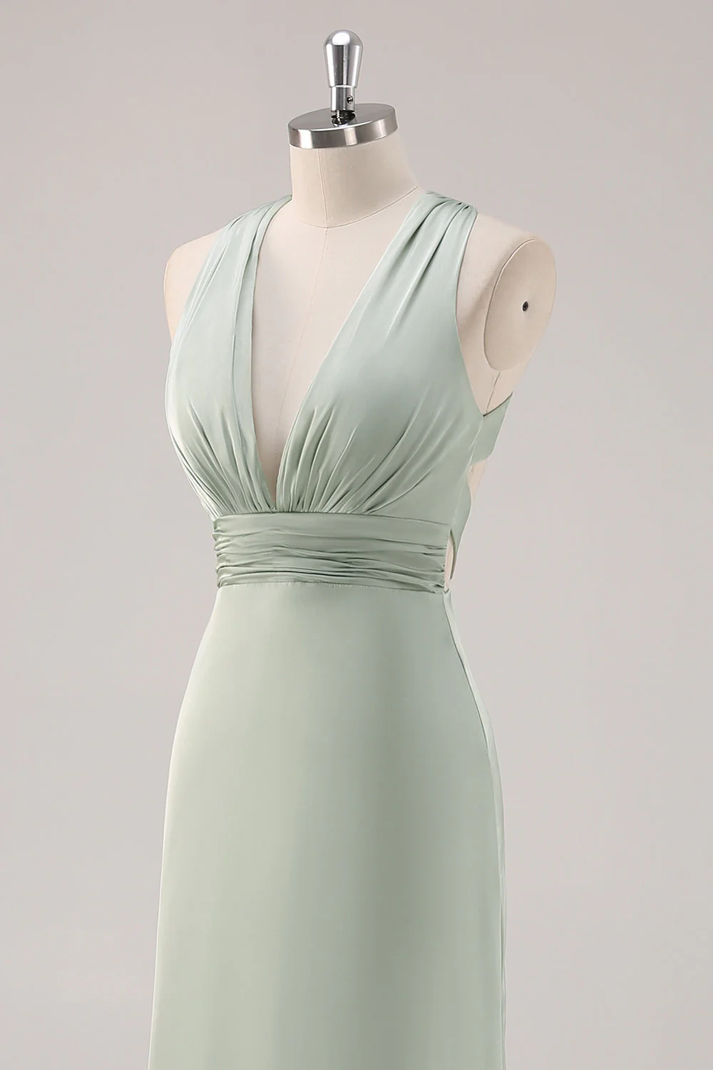 Sage Green Satin Deep V-Neck Backless Long Bridesmaid Dress - Image 6