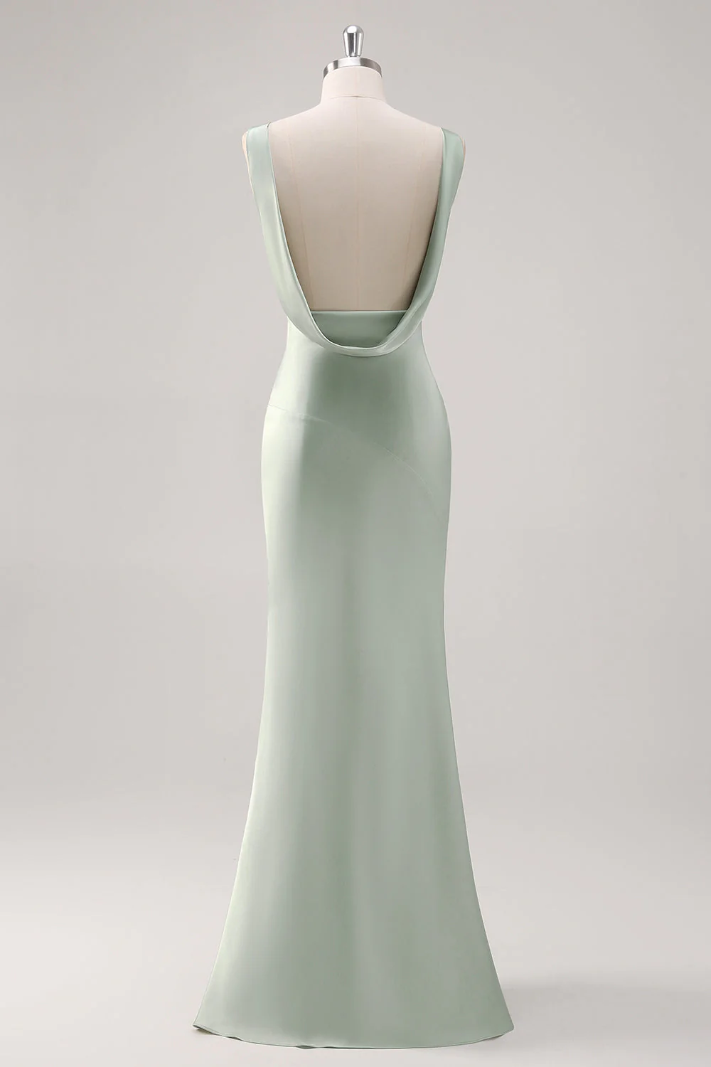 Sage Green V Neck Backless Satin Sheath Bridesmaid Dress - Image 2