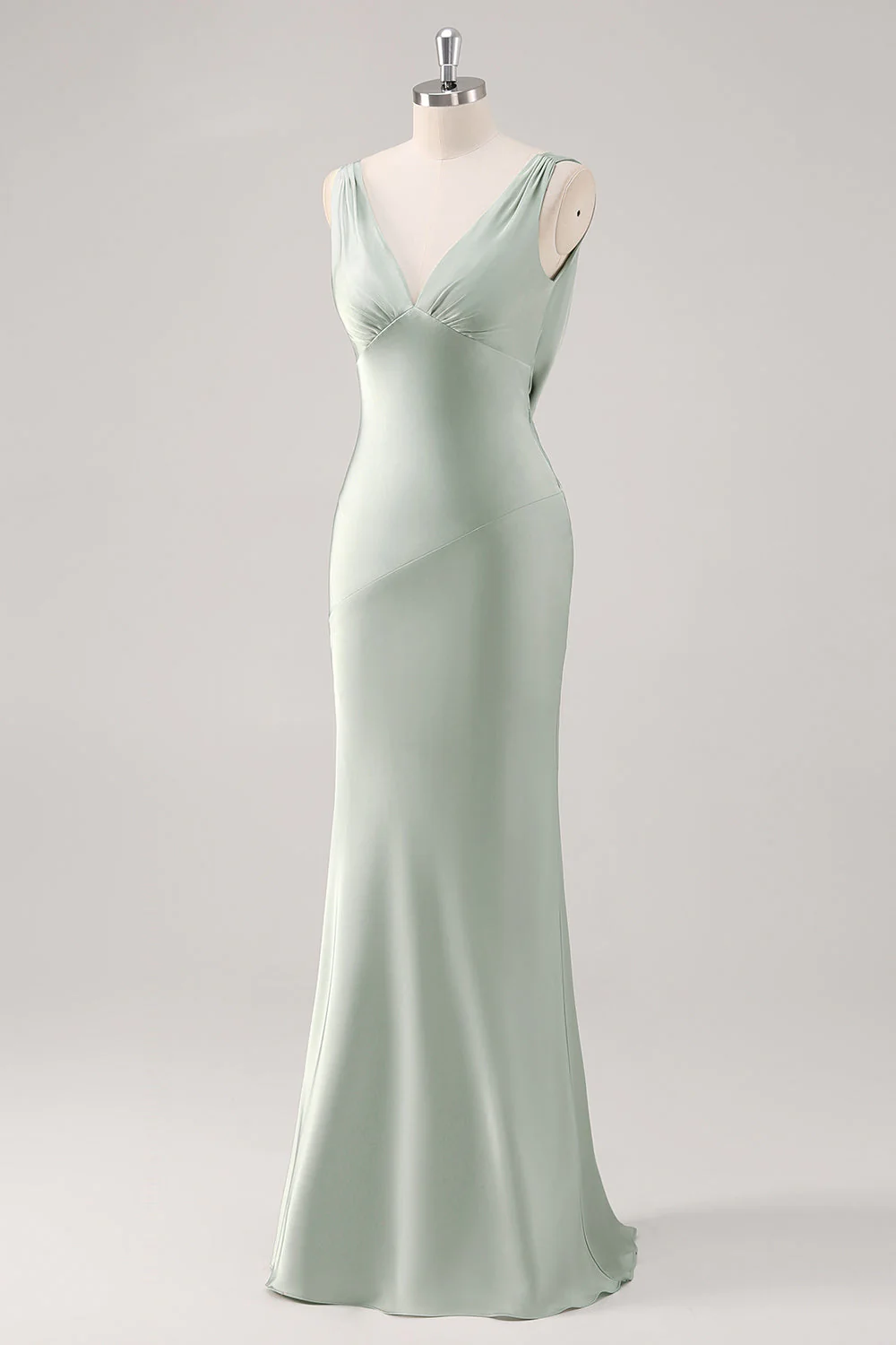Sage Green V Neck Backless Satin Sheath Bridesmaid Dress - Image 3