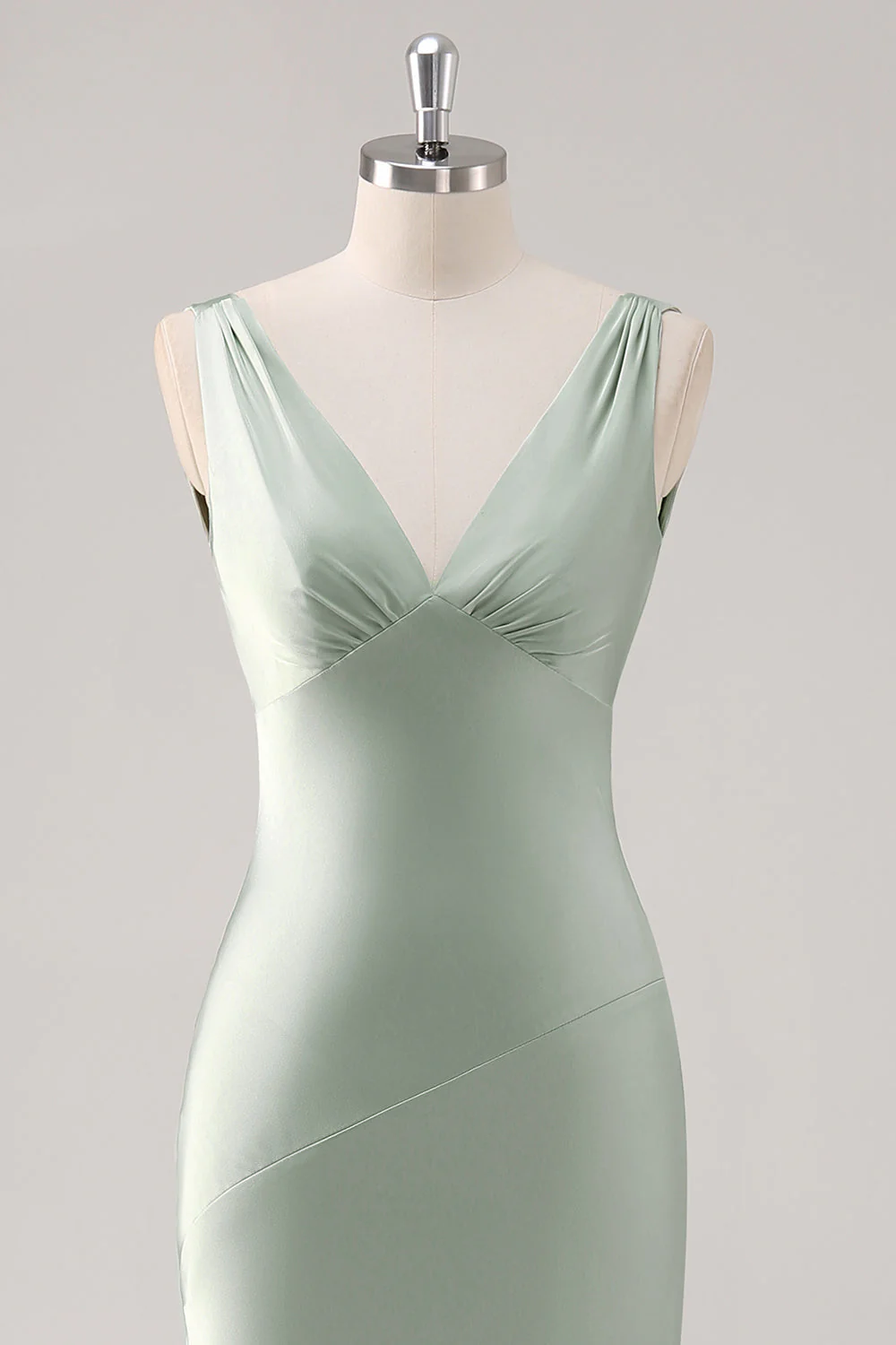 Sage Green V Neck Backless Satin Sheath Bridesmaid Dress - Image 4