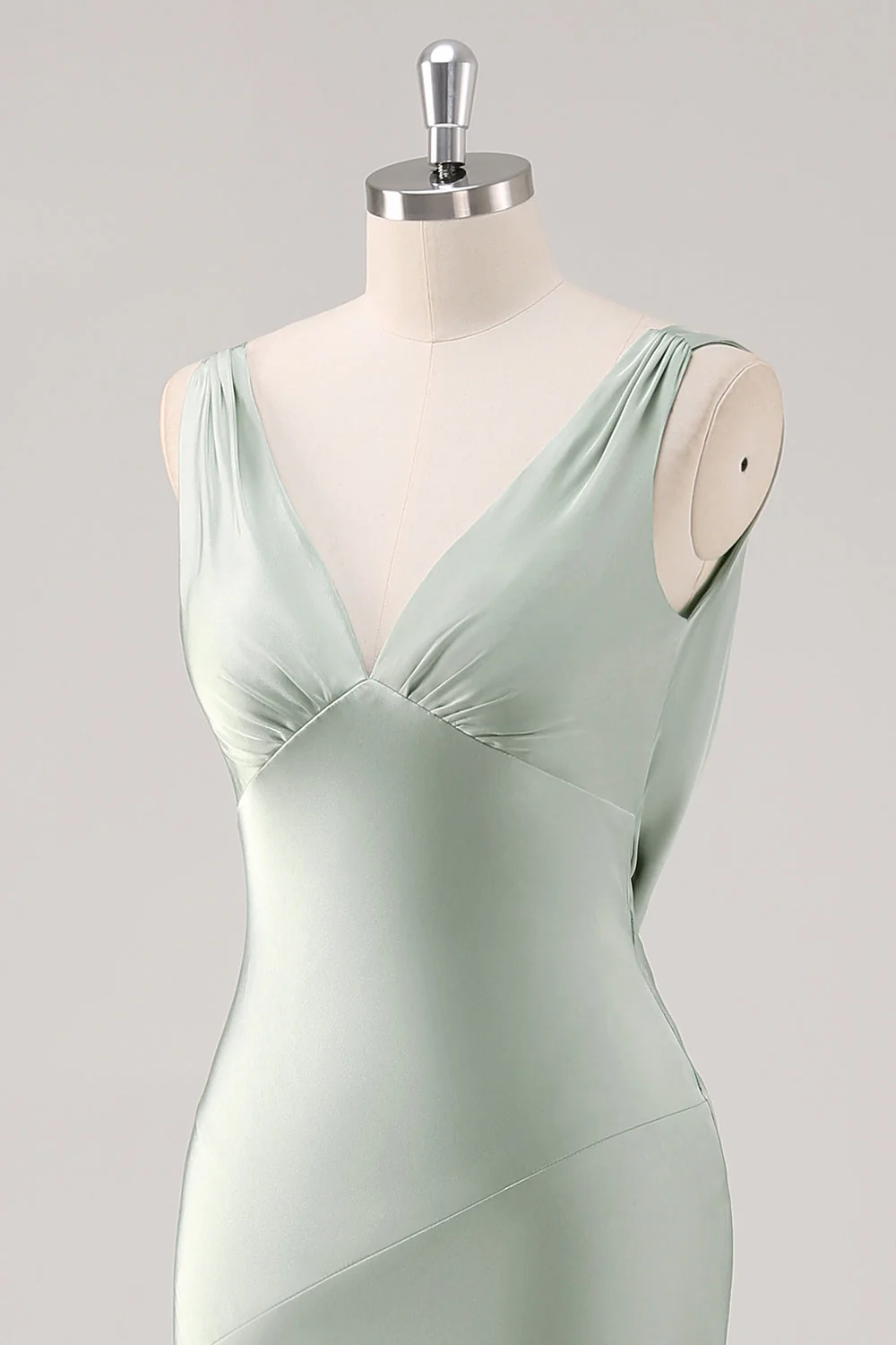 Sage Green V Neck Backless Satin Sheath Bridesmaid Dress - Image 6