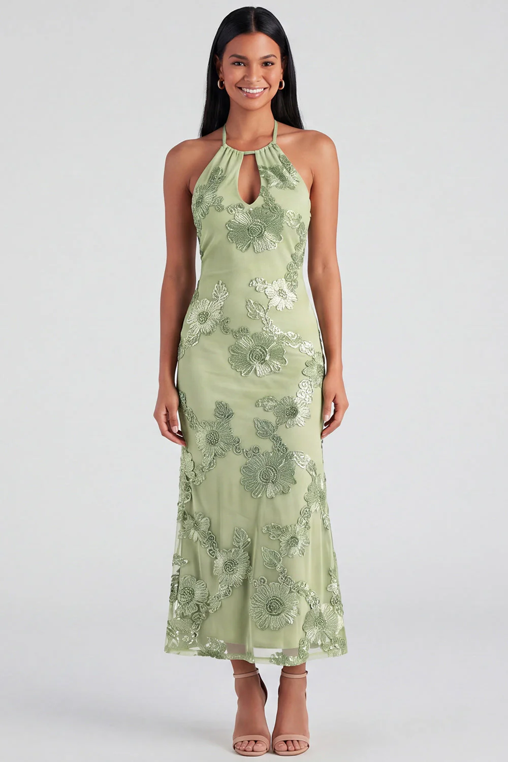 Sage Halter Cut Out Mermaid Midi Floral Dress with Embroidery
