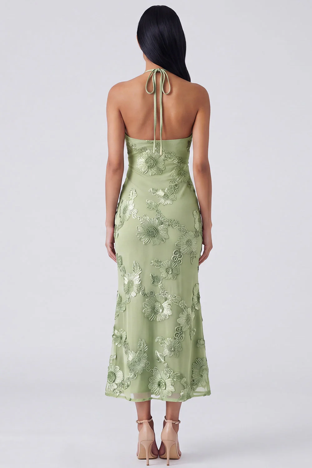 Sage Halter Cut Out Mermaid Midi Floral Dress with Embroidery - Image 2