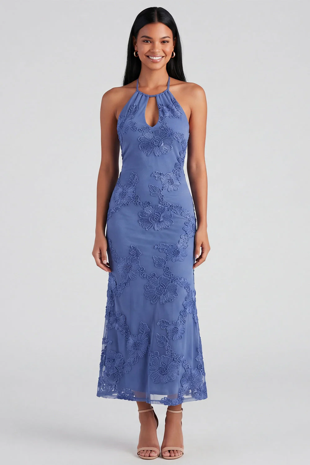 Sage Halter Cut Out Mermaid Midi Floral Dress with Embroidery - Image 4