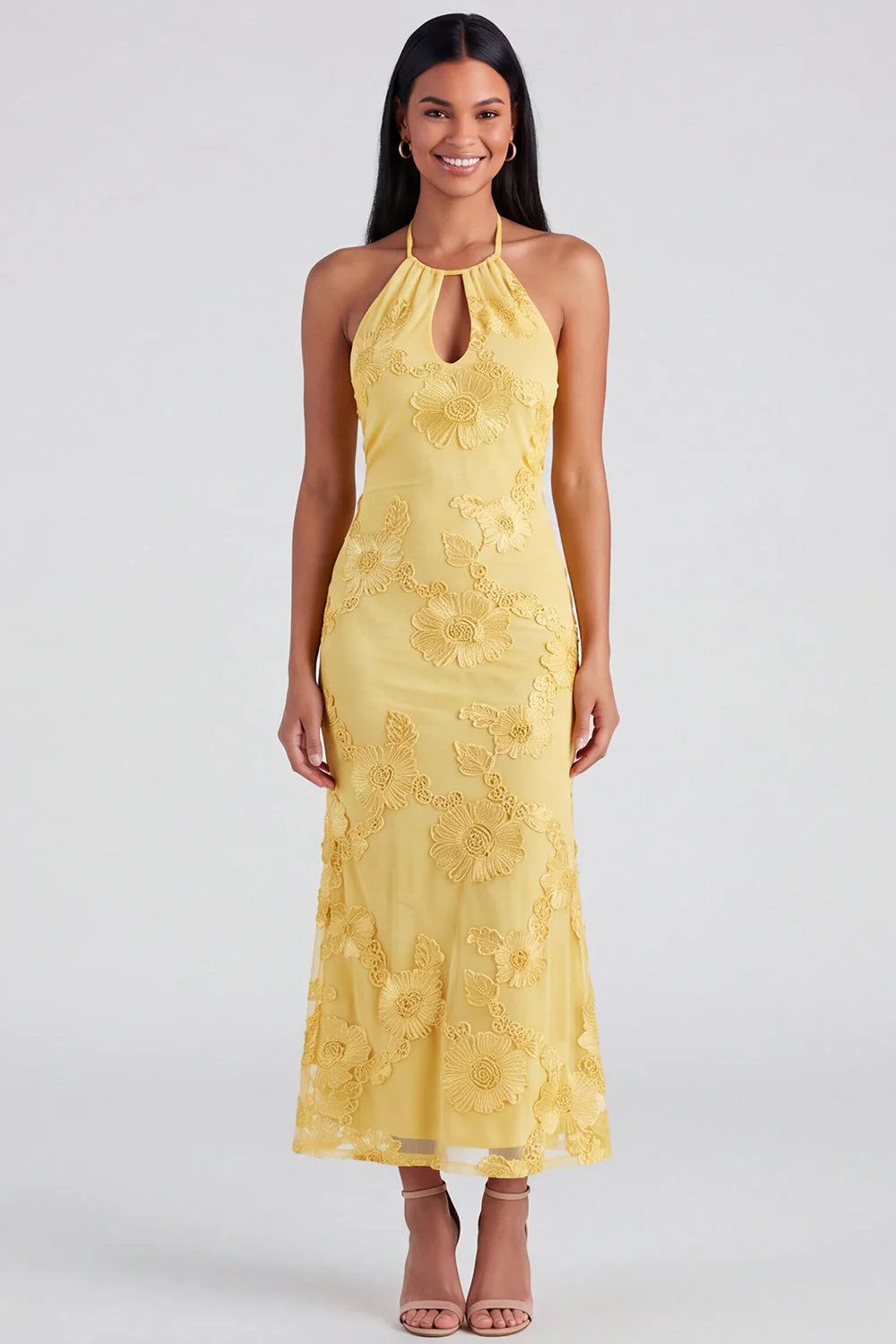 Sage Halter Cut Out Mermaid Midi Floral Dress with Embroidery - Image 6