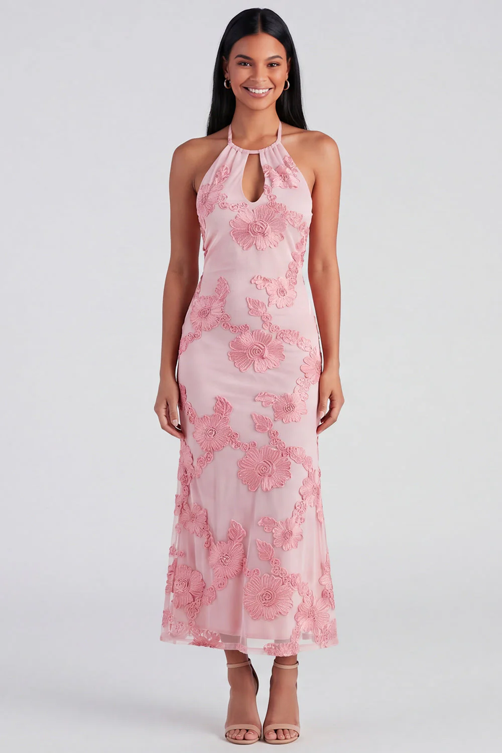 Sage Halter Cut Out Mermaid Midi Floral Dress with Embroidery - Image 8