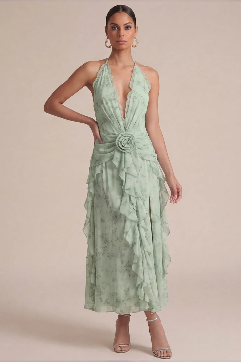 Sage Halter Printed A Line Ruffled Midi Floral Dress with 3D Flowers