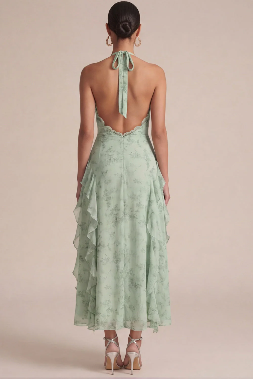Sage Halter Printed A Line Ruffled Midi Floral Dress with 3D Flowers - Image 2