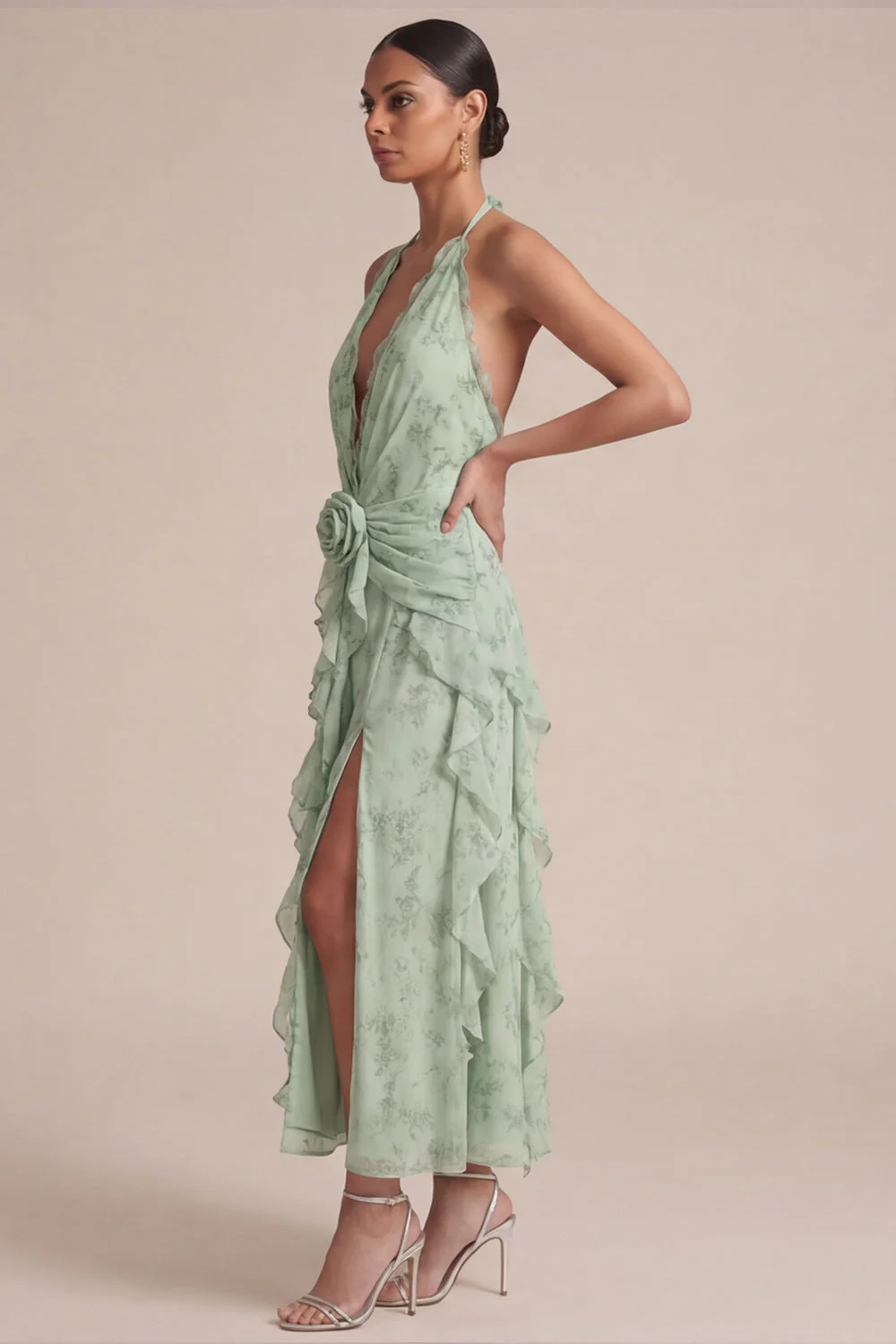 Sage Halter Printed A Line Ruffled Midi Floral Dress with 3D Flowers - Image 3