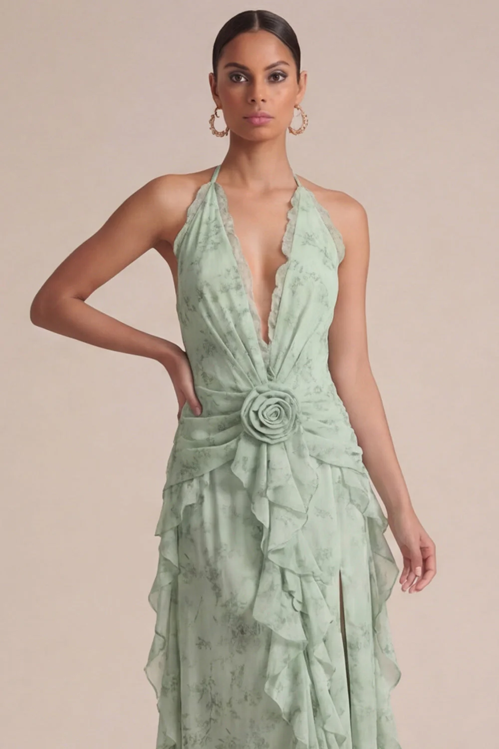 Sage Halter Printed A Line Ruffled Midi Floral Dress with 3D Flowers - Image 4