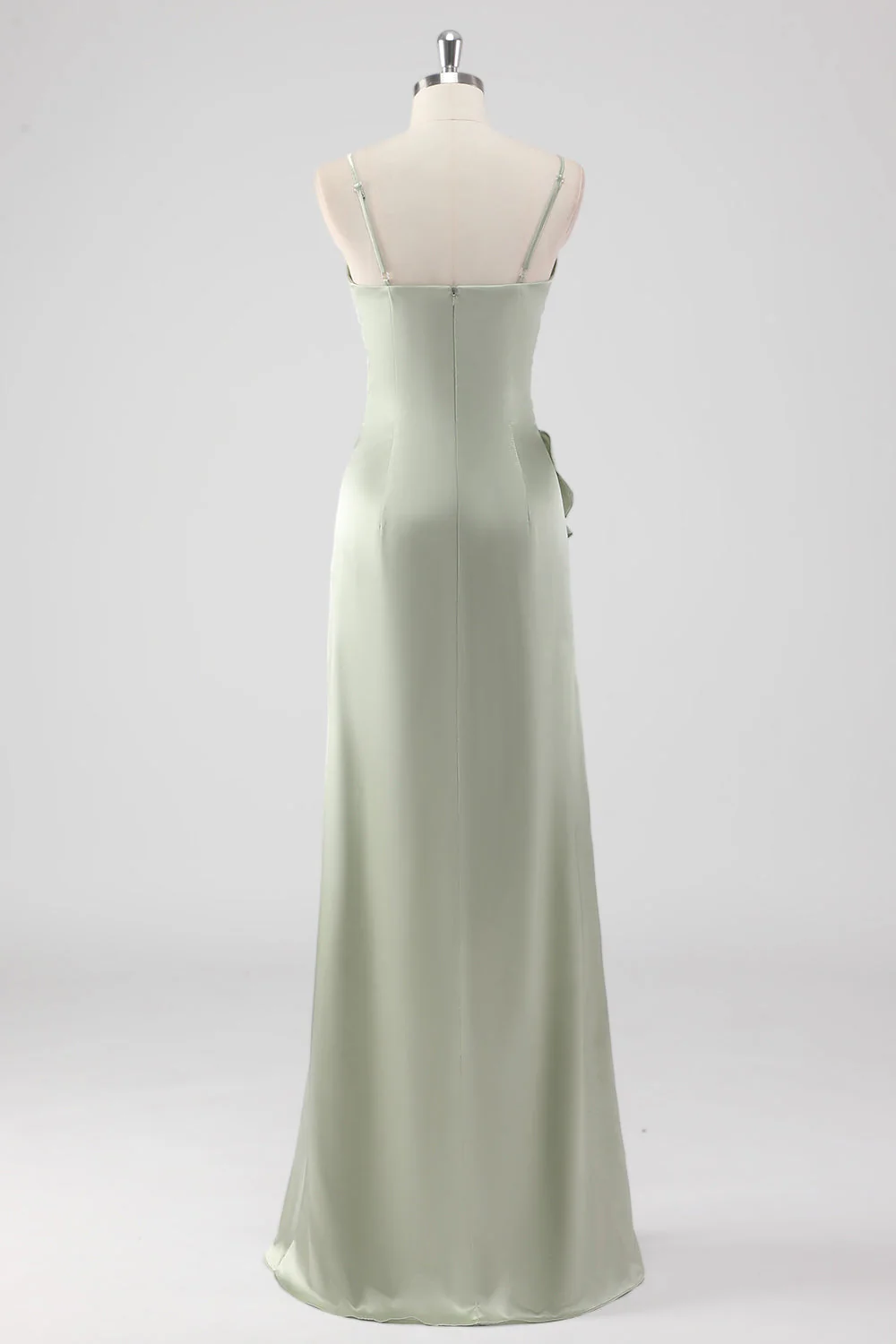 Sage Long Satin V Neck Ruffled Sheath Bridesmaid Dress - Image 2