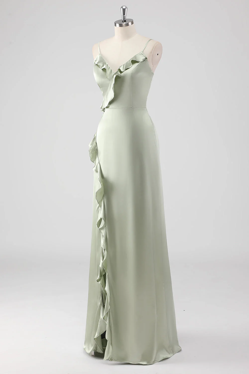 Sage Long Satin V Neck Ruffled Sheath Bridesmaid Dress - Image 3