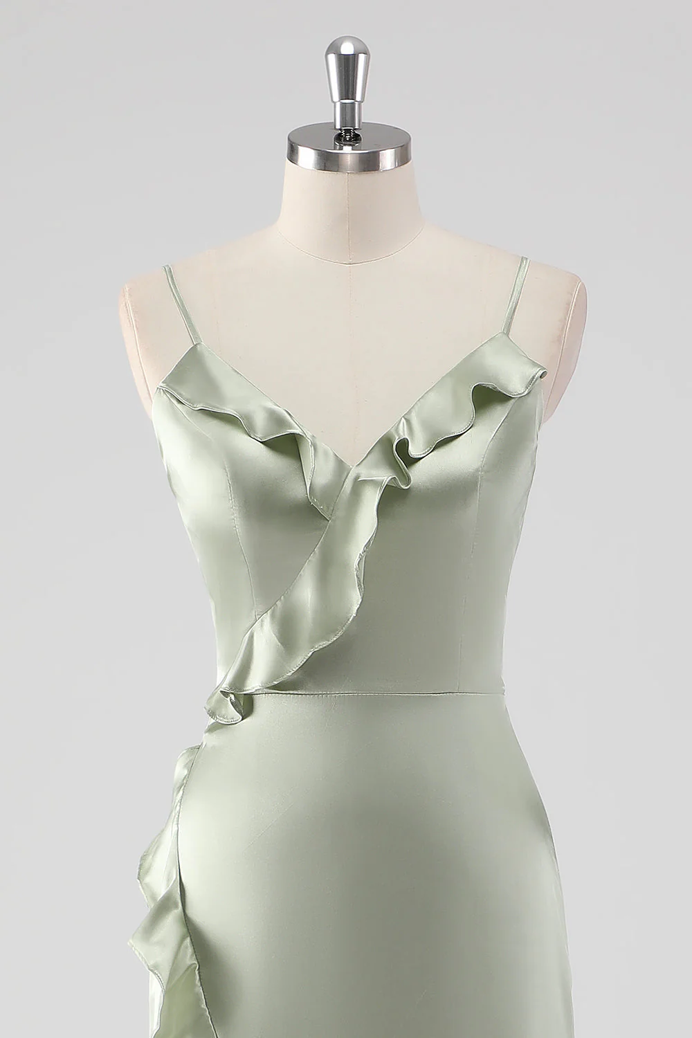 Sage Long Satin V Neck Ruffled Sheath Bridesmaid Dress - Image 4