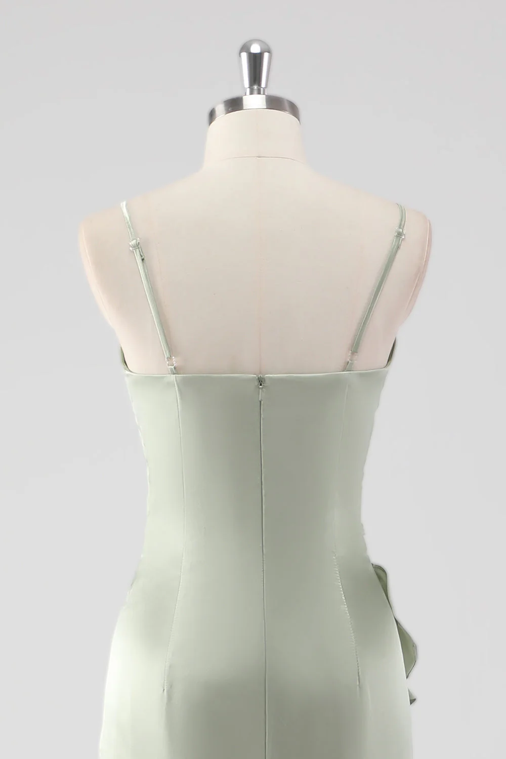 Sage Long Satin V Neck Ruffled Sheath Bridesmaid Dress - Image 5