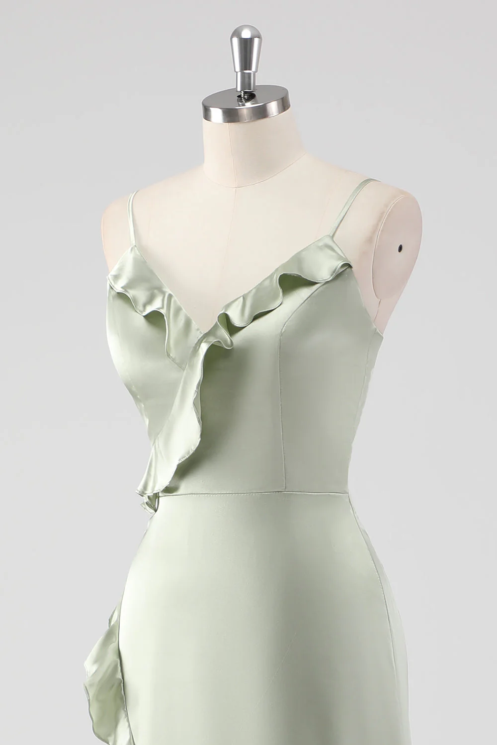 Sage Long Satin V Neck Ruffled Sheath Bridesmaid Dress - Image 6