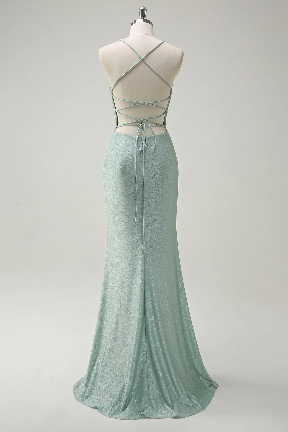 Sage Mermaid Spaghetti Straps Ruched Long Prom Dress with Lace Up Back - Image 2