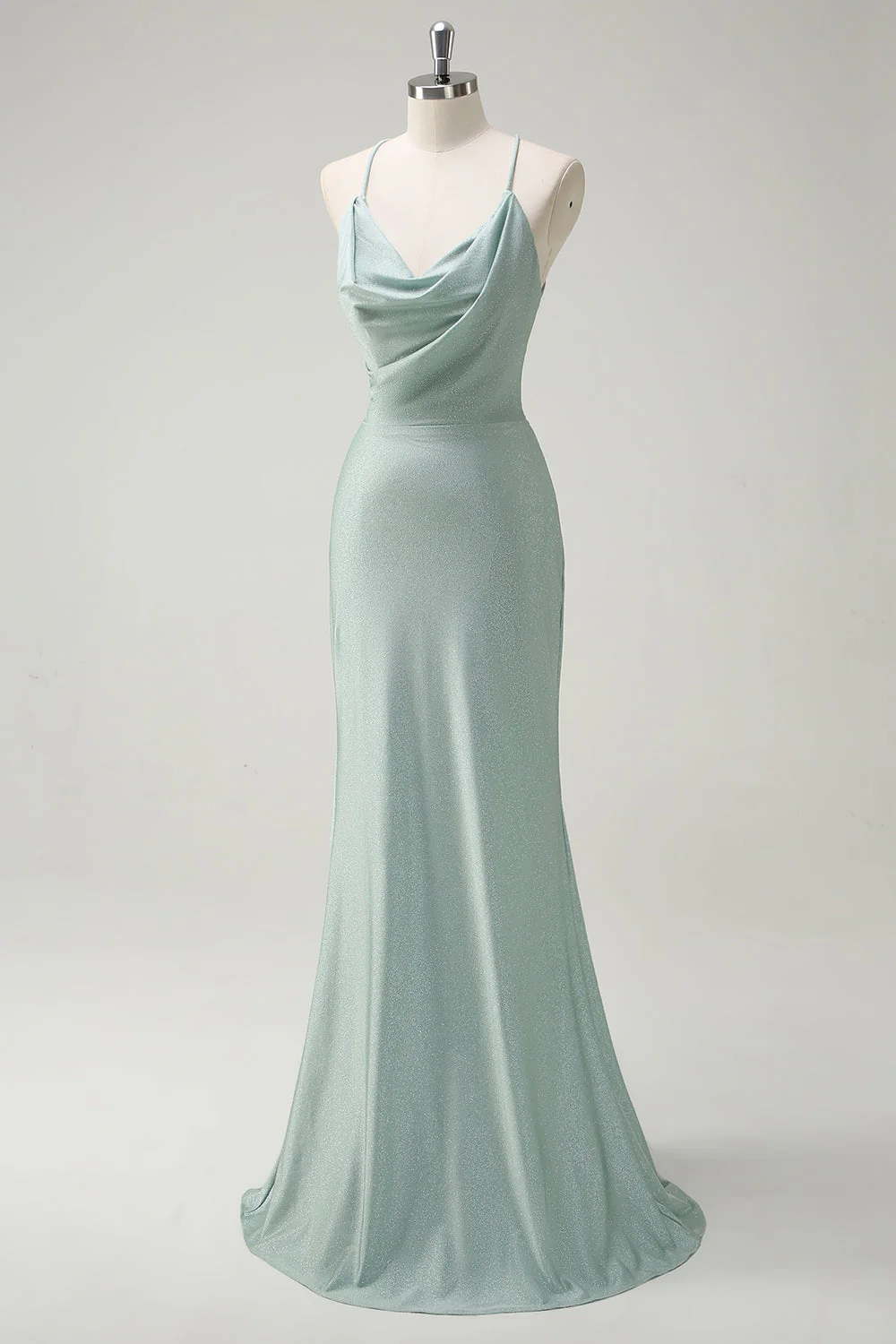 Sage Mermaid Spaghetti Straps Ruched Long Prom Dress with Lace Up Back - Image 3