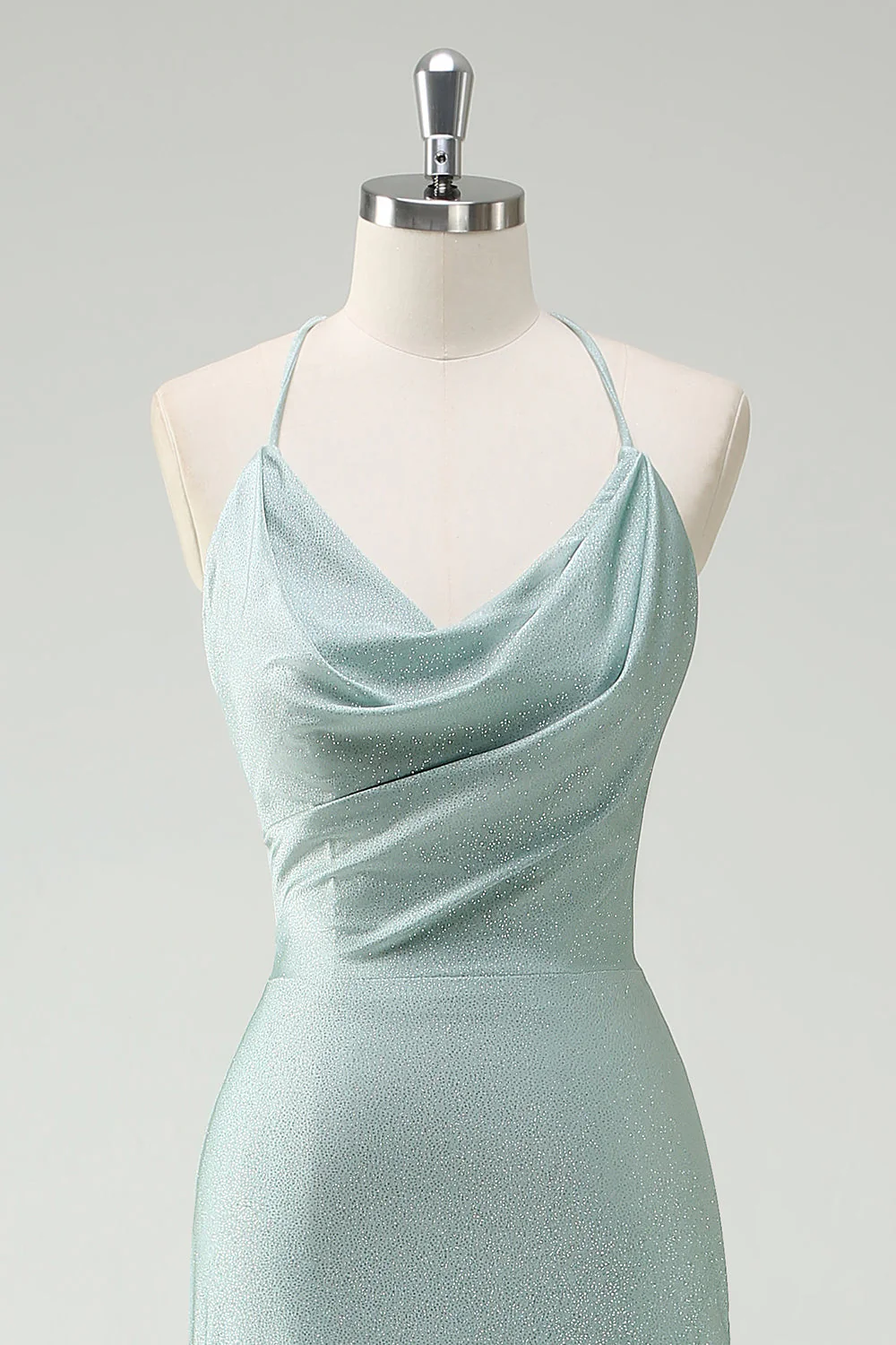 Sage Mermaid Spaghetti Straps Ruched Long Prom Dress with Lace Up Back - Image 4