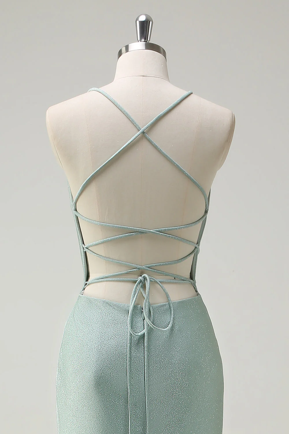 Sage Mermaid Spaghetti Straps Ruched Long Prom Dress with Lace Up Back - Image 5