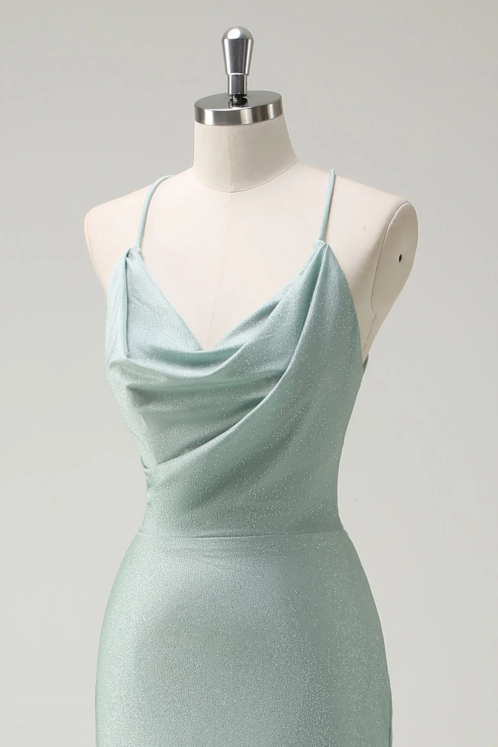 Sage Mermaid Spaghetti Straps Ruched Long Prom Dress with Lace Up Back - Image 6