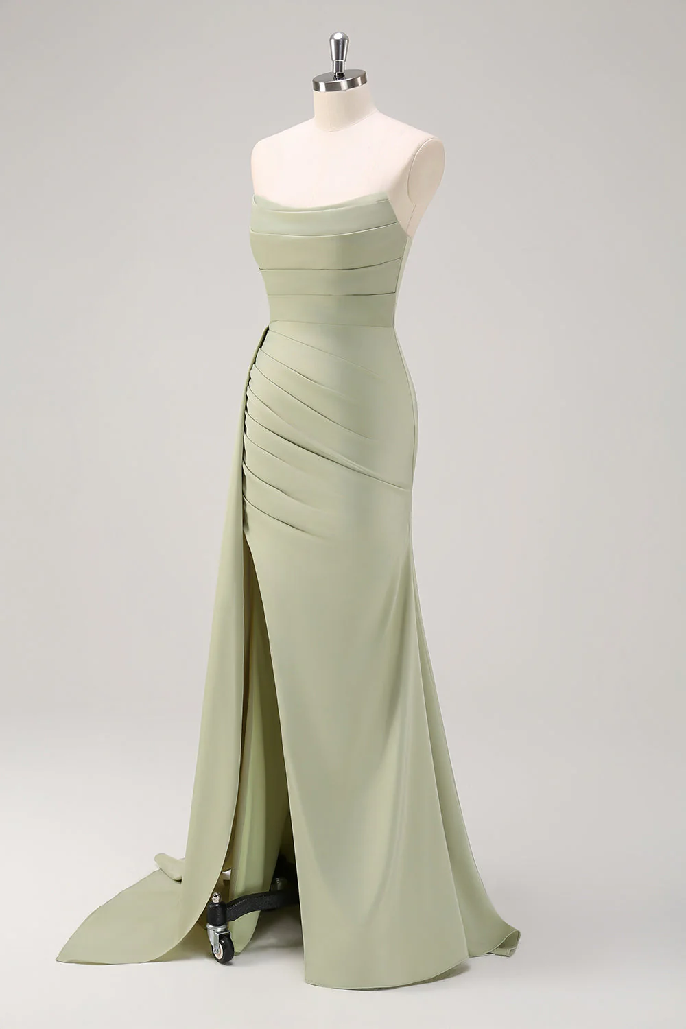 Sage Strapless Mermaid Satin Long Bridesmaid Dress with Slit - Image 3
