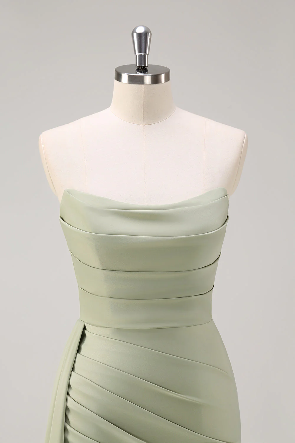 Sage Strapless Mermaid Satin Long Bridesmaid Dress with Slit - Image 4