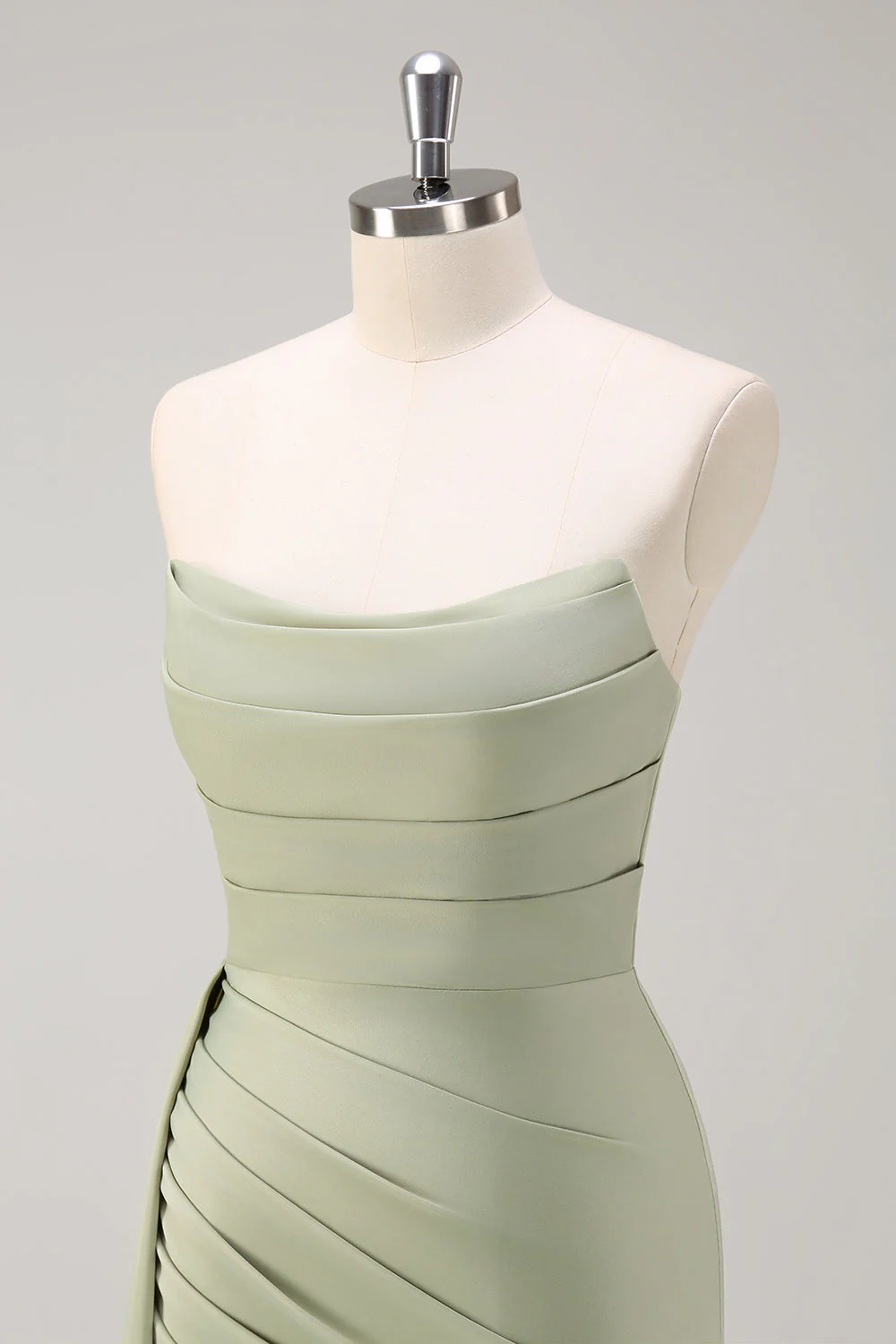 Sage Strapless Mermaid Satin Long Bridesmaid Dress with Slit - Image 5
