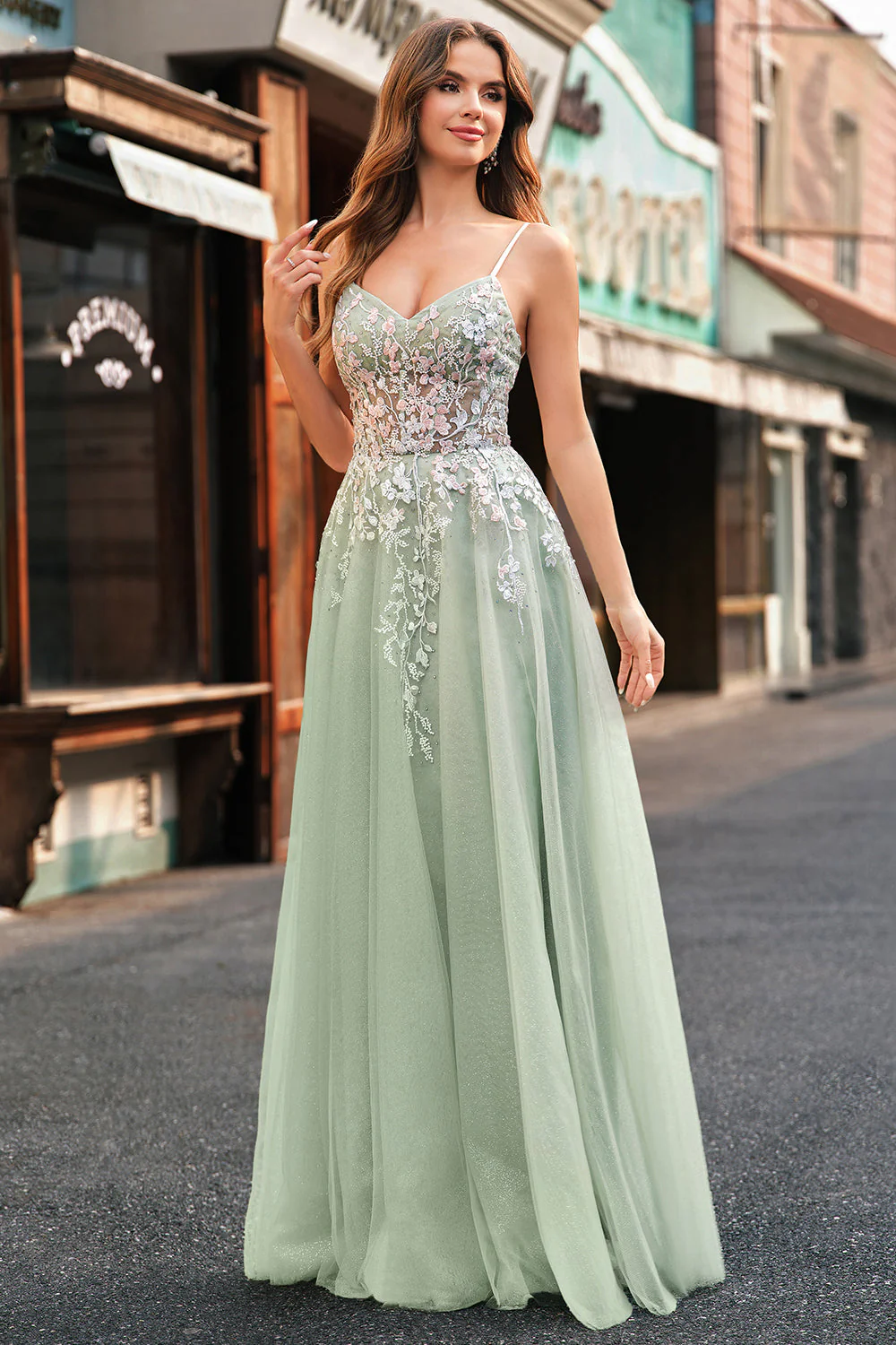 Sage Tulle A-Line Spaghetti Straps Long Prom Dress with Appliques - Image 3